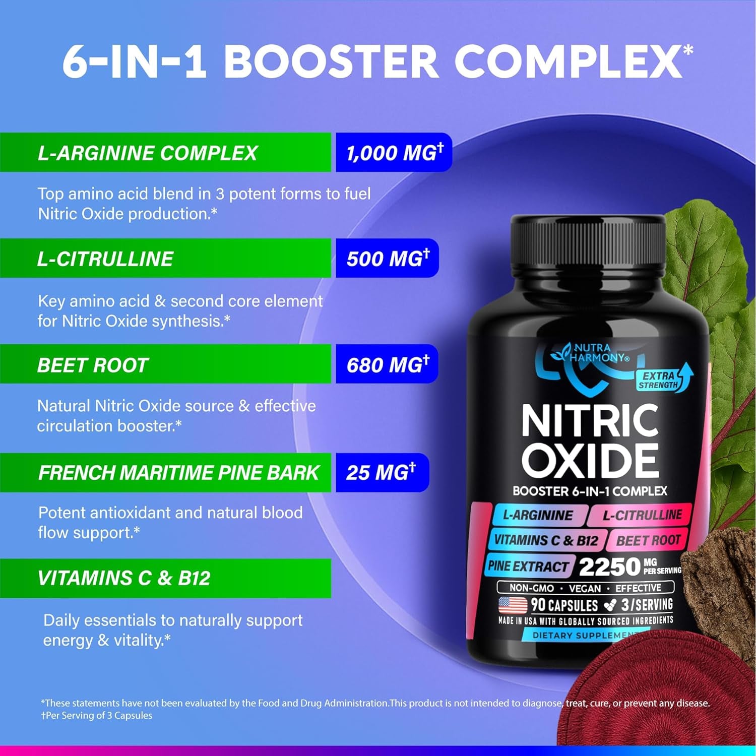 NUTRAHARMONY Nitric Oxide Supplement for Women — 60 Capsules | 2,250mg Blend for Circulation, Energy & Endurance Support
