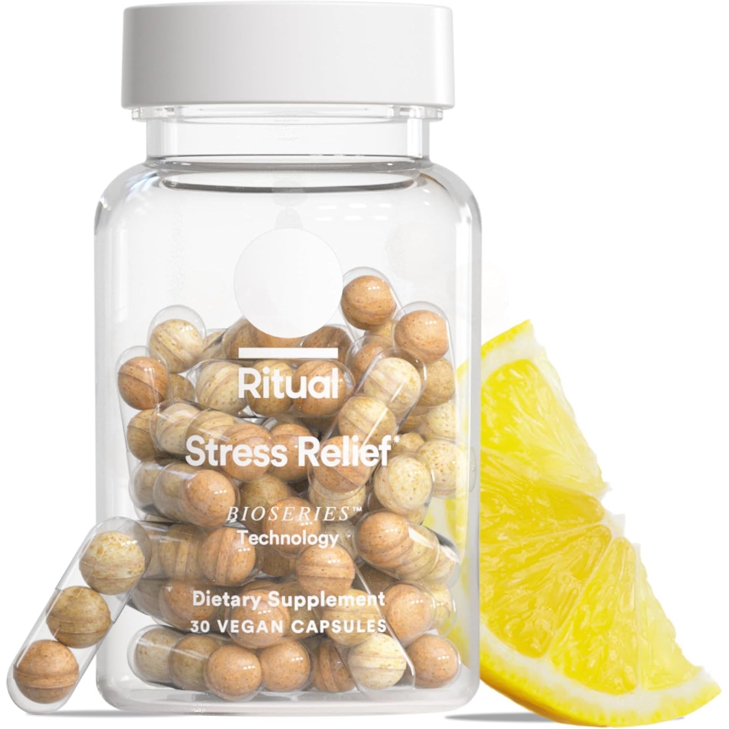Ritual Stress Relief Supplement - Ashwagandha, L-Theanine, & Saffron - Helps Reduce Stress, Manage Cortisol, Promotes Calm, Relaxation* - All Day Support* - Vegan - Citrus - 30 Capsules - 30 Servings