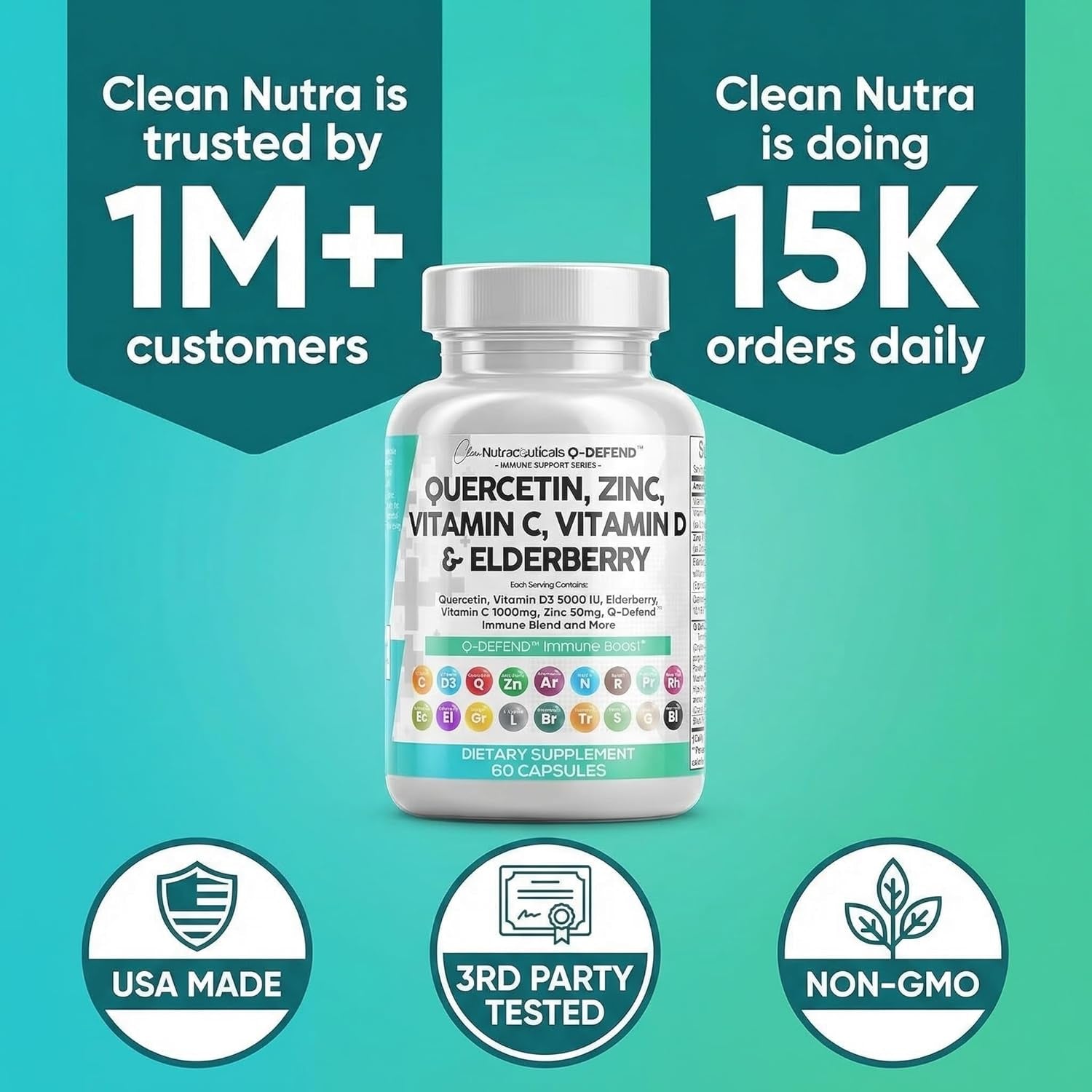 Clean Nutraceuticals Q Defend Quercetin Complex – 60 Capsules | Quercetin, Zinc, Vitamins C & D, Elderberry, Turmeric, Sea Moss & Reishi Mushroom | Immune Support