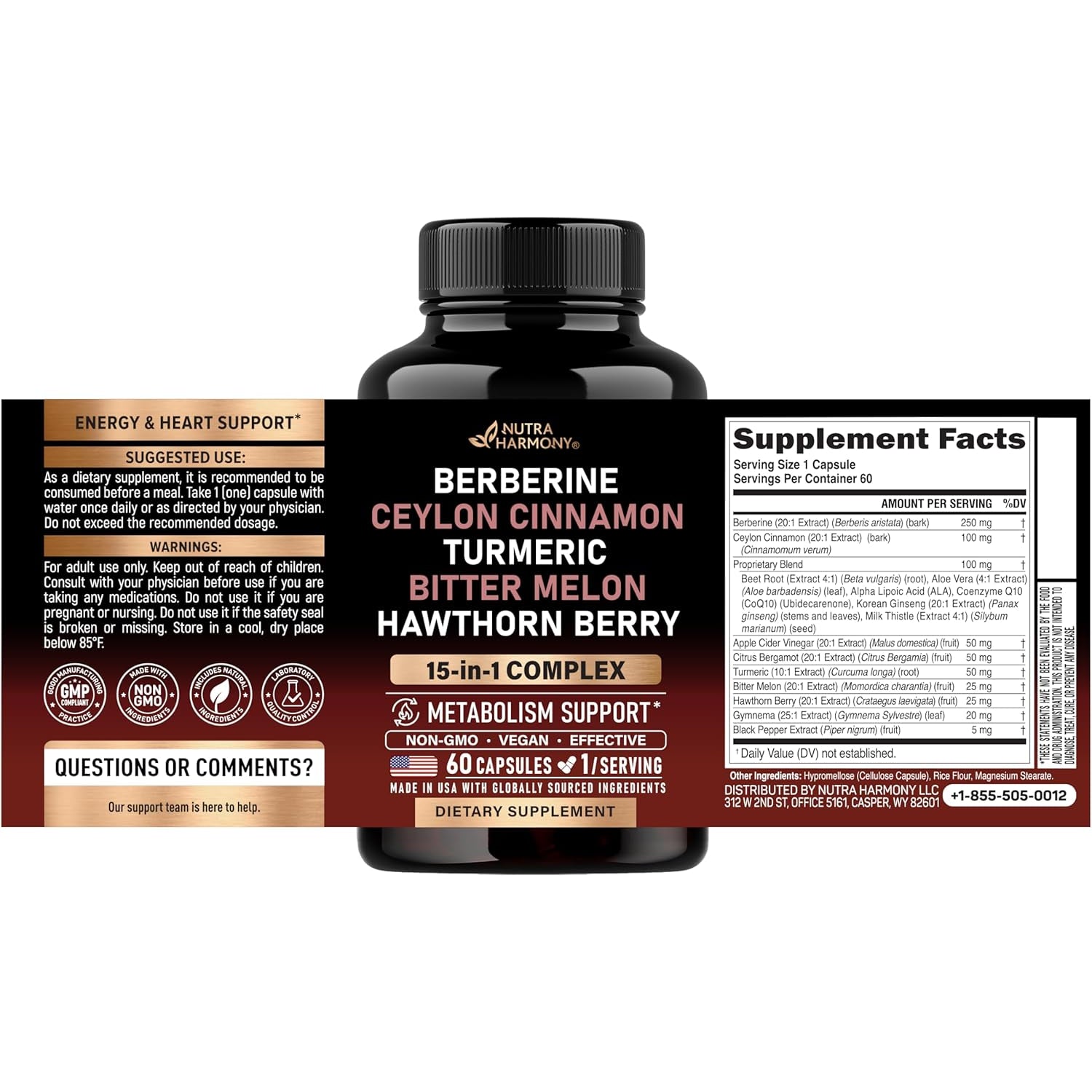 NUTRAHARMONY Berberine Complex — 60 Capsules | Cinnamon, Apple Cider Vinegar, Hawthorn & Bergamot | Blood Sugar & Metabolic Support