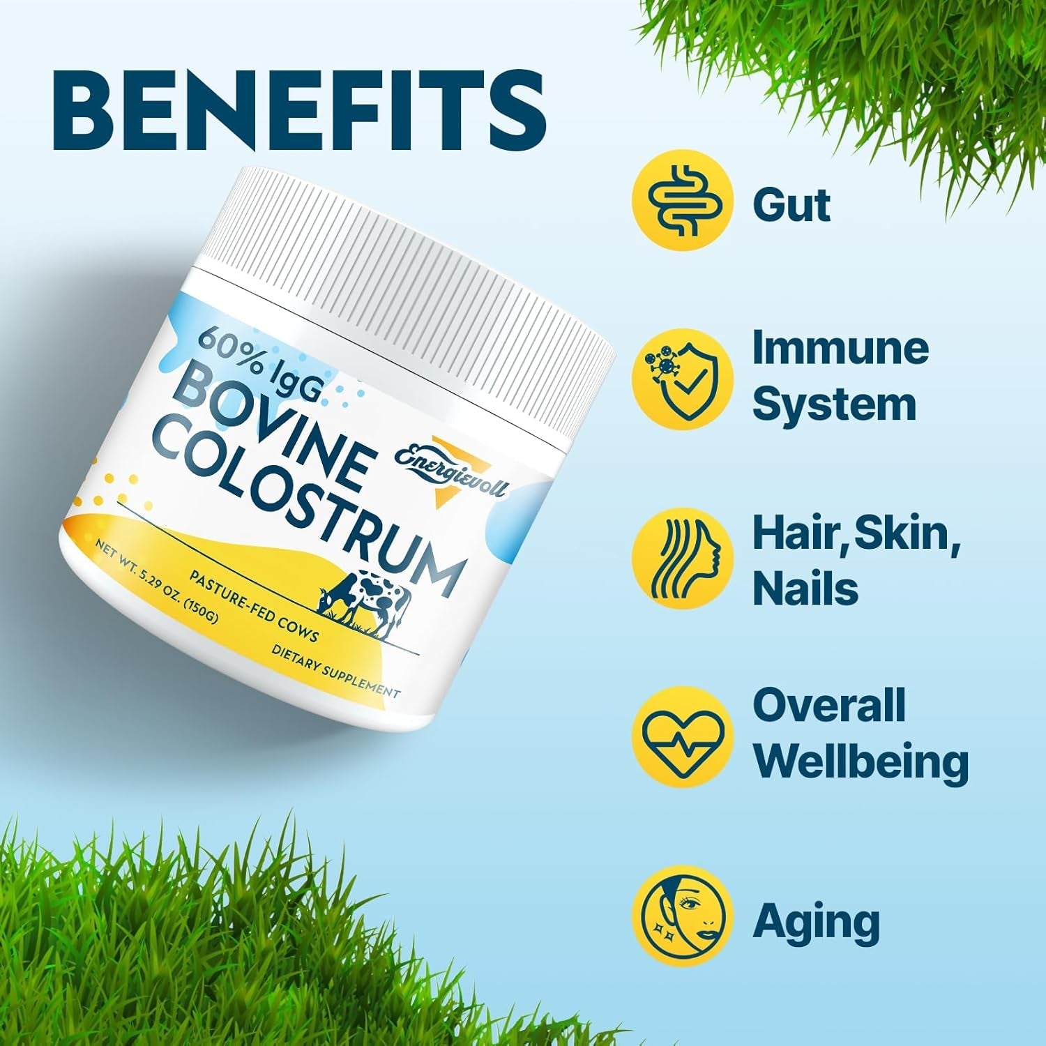 Energievoll 60% IgG Bovine Colostrum Supplement Powder – 150g | Premium Grass-Fed Immune Support (Unflavored, 50 Servings)