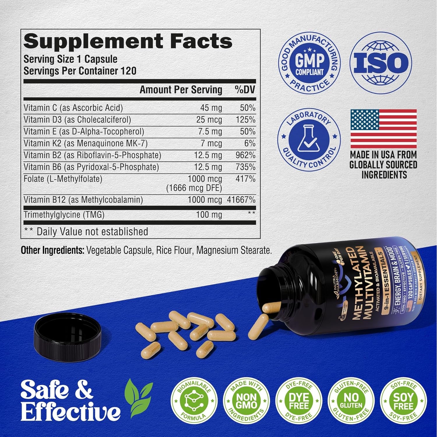 NutraHarmony 9-in-1 Methylated Multivitamin – 120 Vegan Capsules | B2, B6, B12, 5-MTHF & TMG | Vitamins C, D3, E & K2 | Energy, Brain & Mood Support