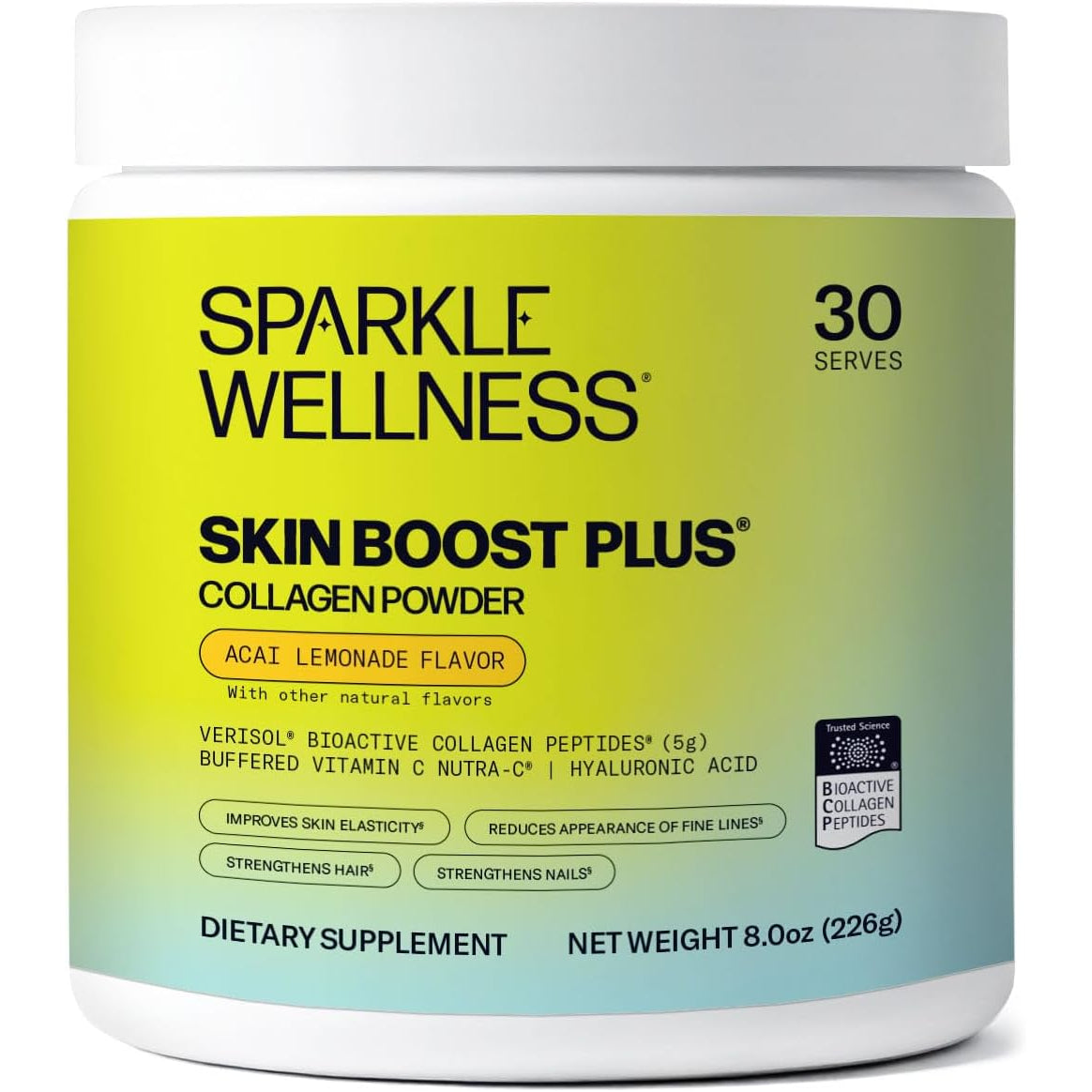 Sparkle Wellness VERISOL Bioactive Hydrolyzed Collagen Peptides | Collagen Powder with Vitamin C & Hyaluronic Acid for Hair, Skin, and Nail Health | Skin Boost plus (Acai Lemonade) [30-Serves]