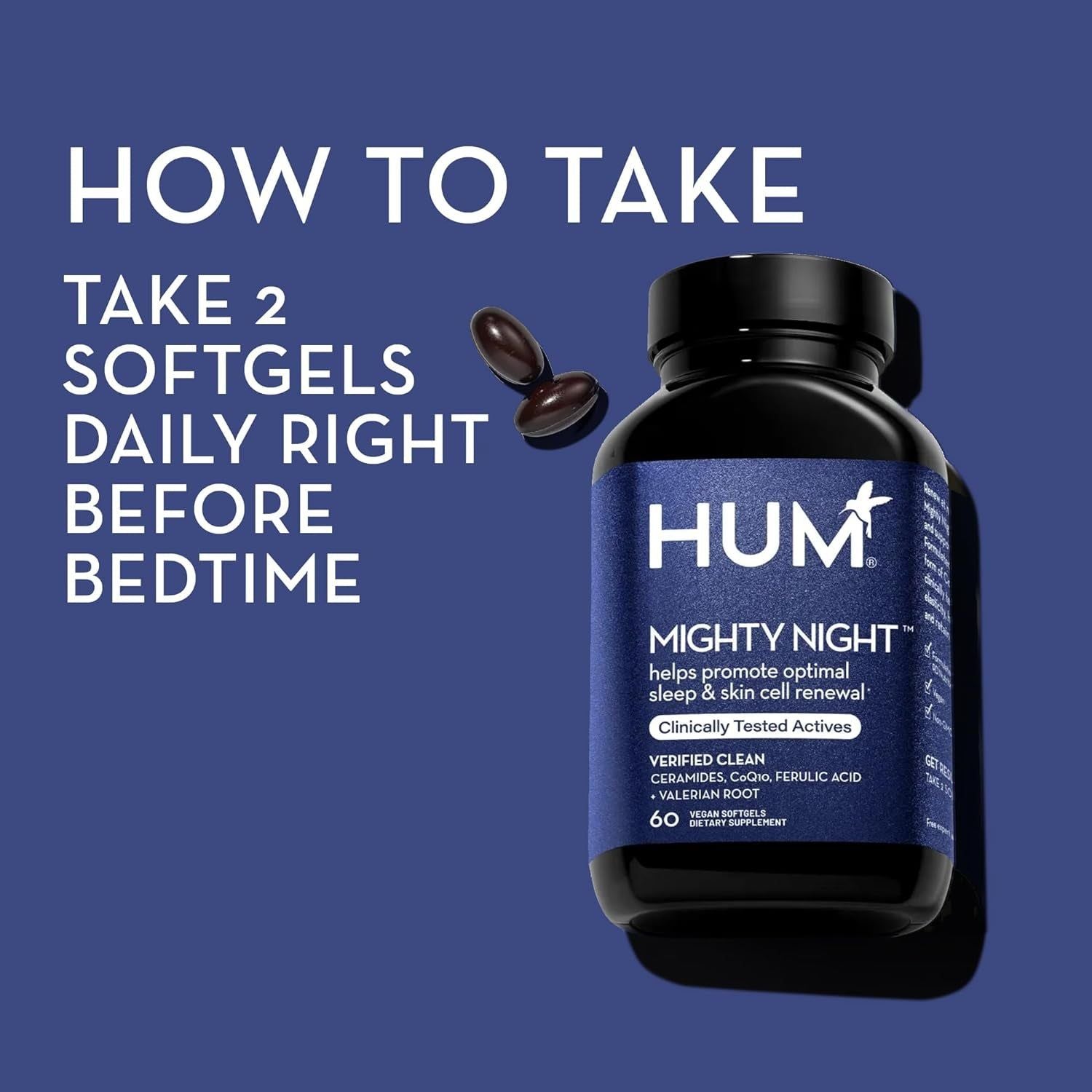 HUM Mighty Night – 60 Vegan Softgels | Nighttime Skin Renewal & Deep Sleep Support
