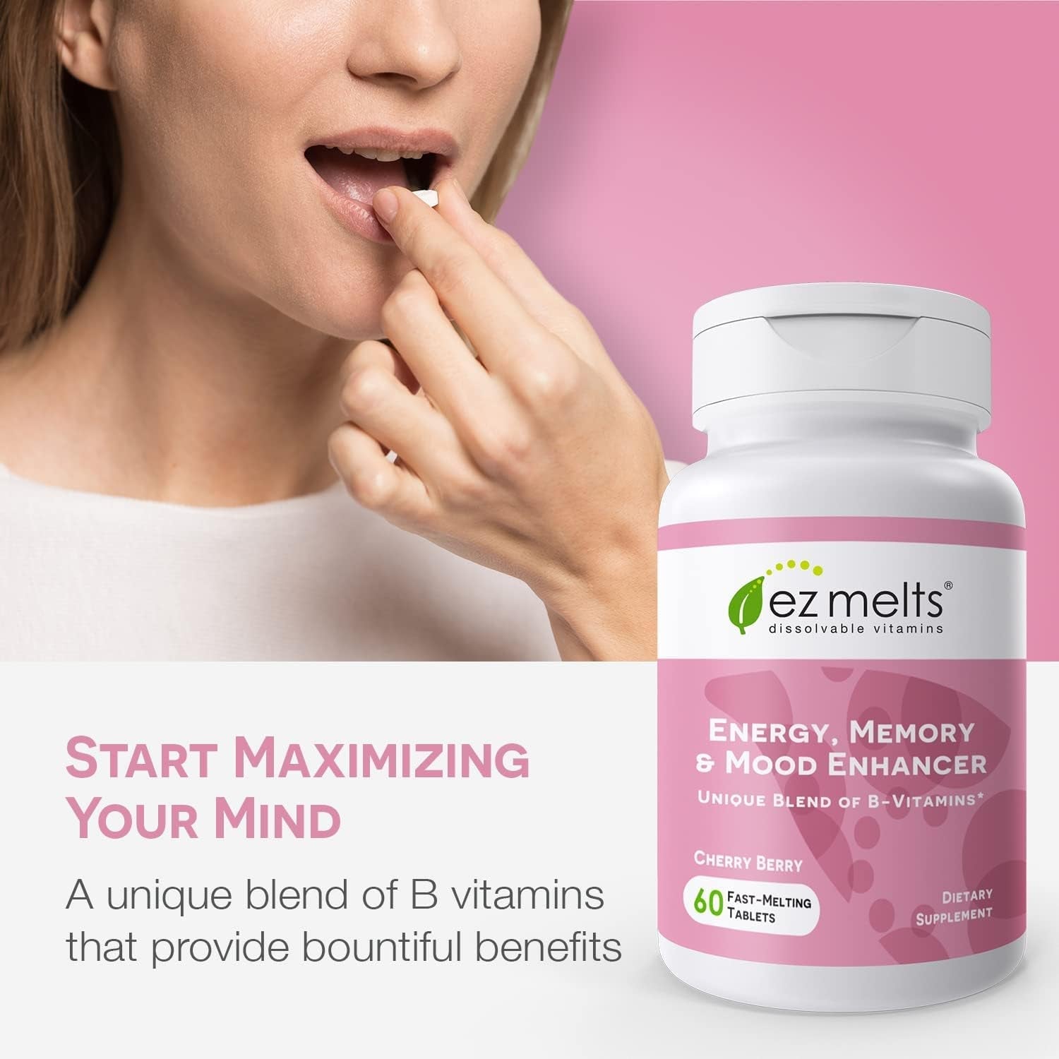 EZ Melts Dissolvable Vitamins Energy, Memory & Mood Enhancer – 60 Tablets | Fast-Melting B-Vitamin Blend for Daily Mental Clarity & Wellbeing
