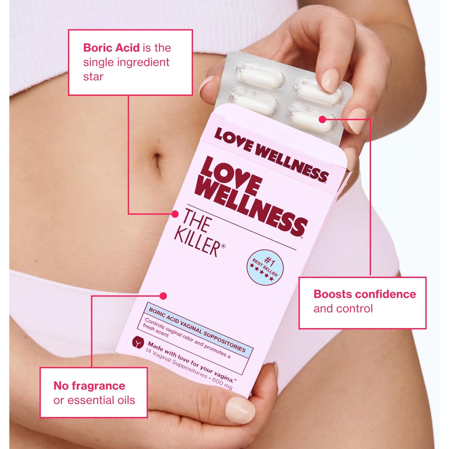 Love Wellness The Killer Boric Acid Suppositories – Fast-Acting pH Balance & Vaginal Odour Control | Fragrance-Free | 14 Count