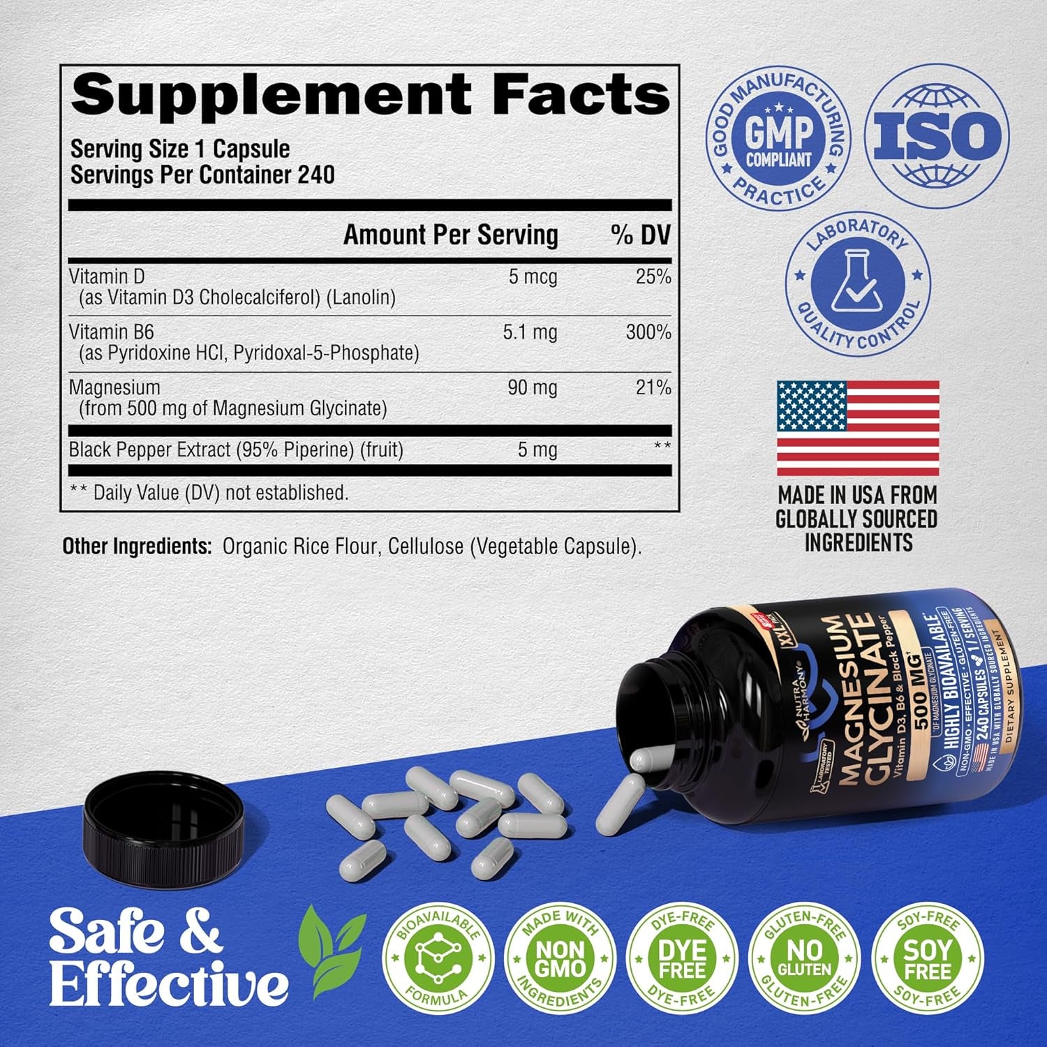 NUTRAHARMONY Magnesium Glycinate 500mg — 240 Capsules | High-Absorption Magnesium for Sleep, Relaxation & Muscle Recovery