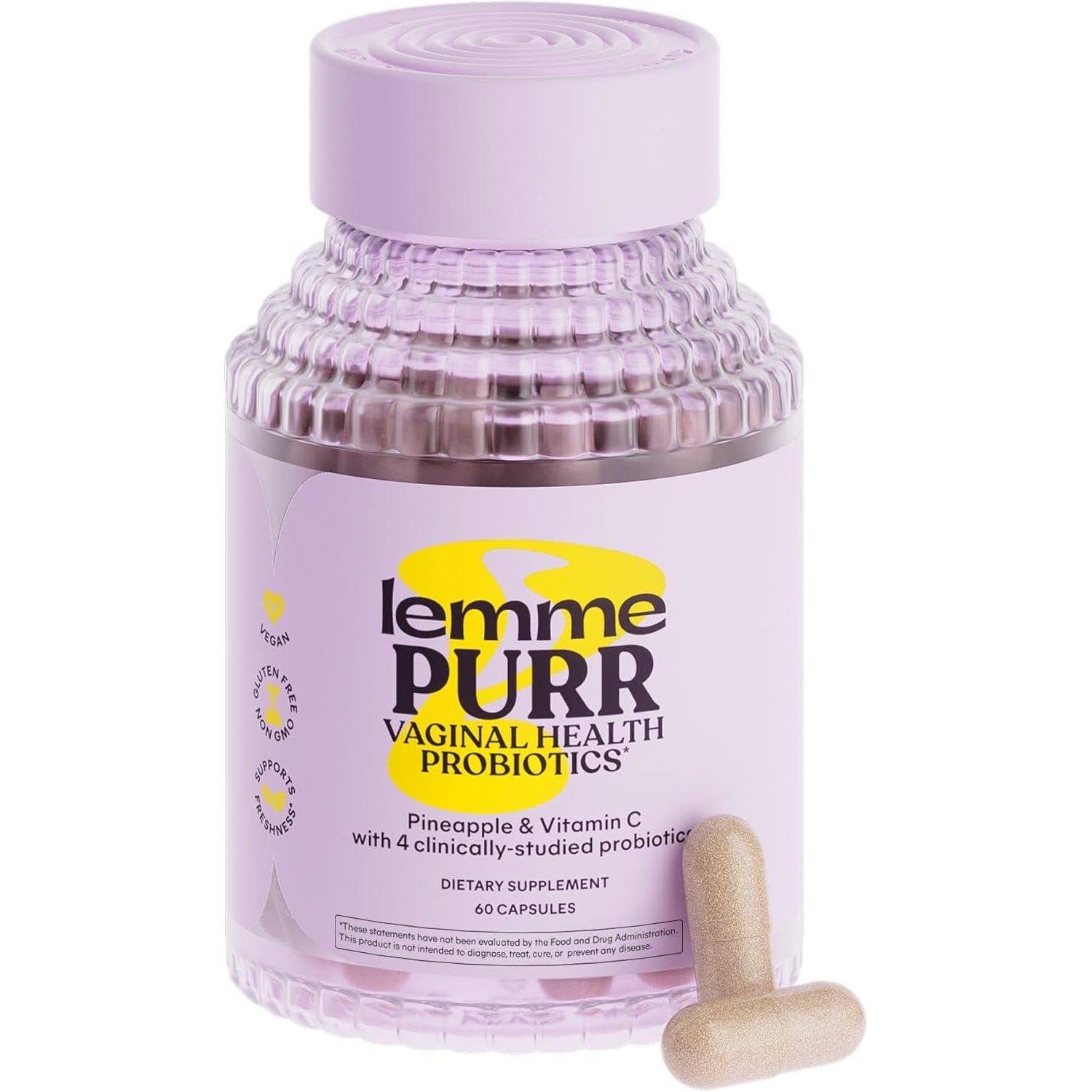 Purr Vaginal Probiotics for Women - Promotes Ph Balance, Healthy Vaginal Odor & Urinary Tract Health W/Lactobacillus Blend, Clinically Tested Strains, Pineapple & Vitamin C - 60 Veggie Capsules