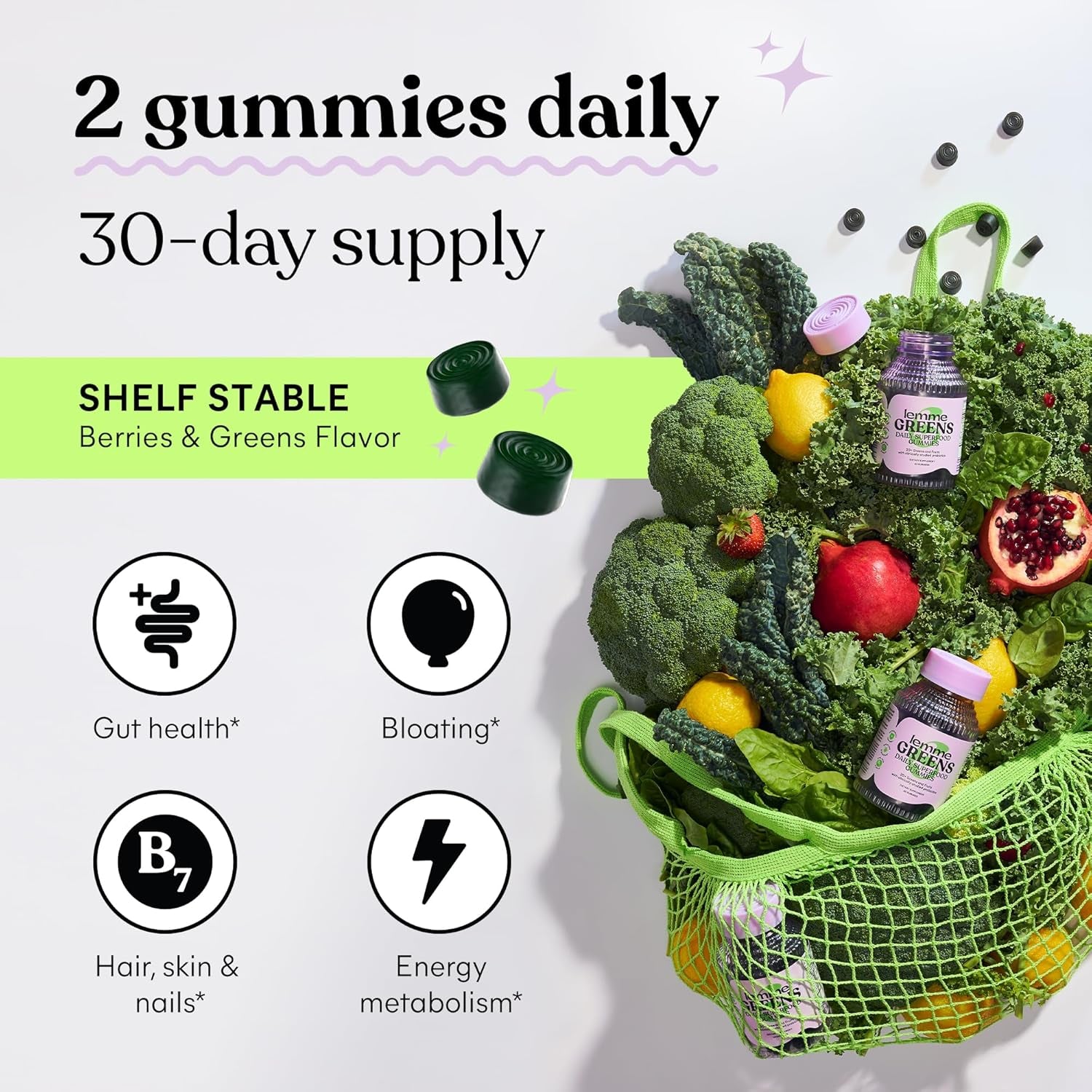 Greens Superfood Gummies W/Multi - Support Gut Health & Reduce Bloating, 20+ Organic Greens and Superfruits, Clinically Studied Probiotics, D3, B12 - Berries & Greens Flavored (60 Count)