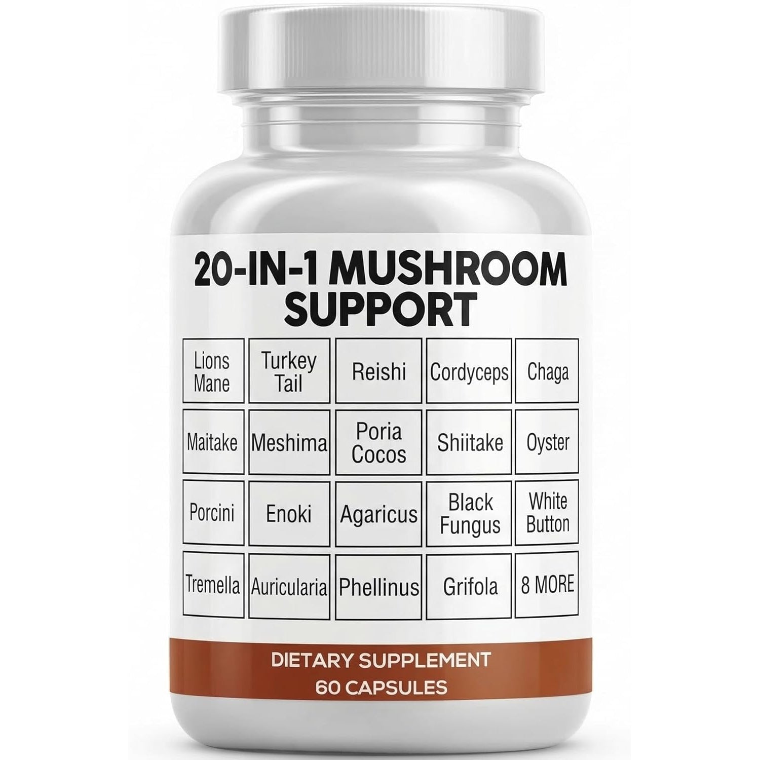 Clean Nutraceuticals Lions Mane 20In1 Mushroom Supplement with Turkey Tail Reishi Cordyceps Chaga Maitake Meshima Poria Cocos Shiitake Oyster Porcini Enoki - 1 Pack