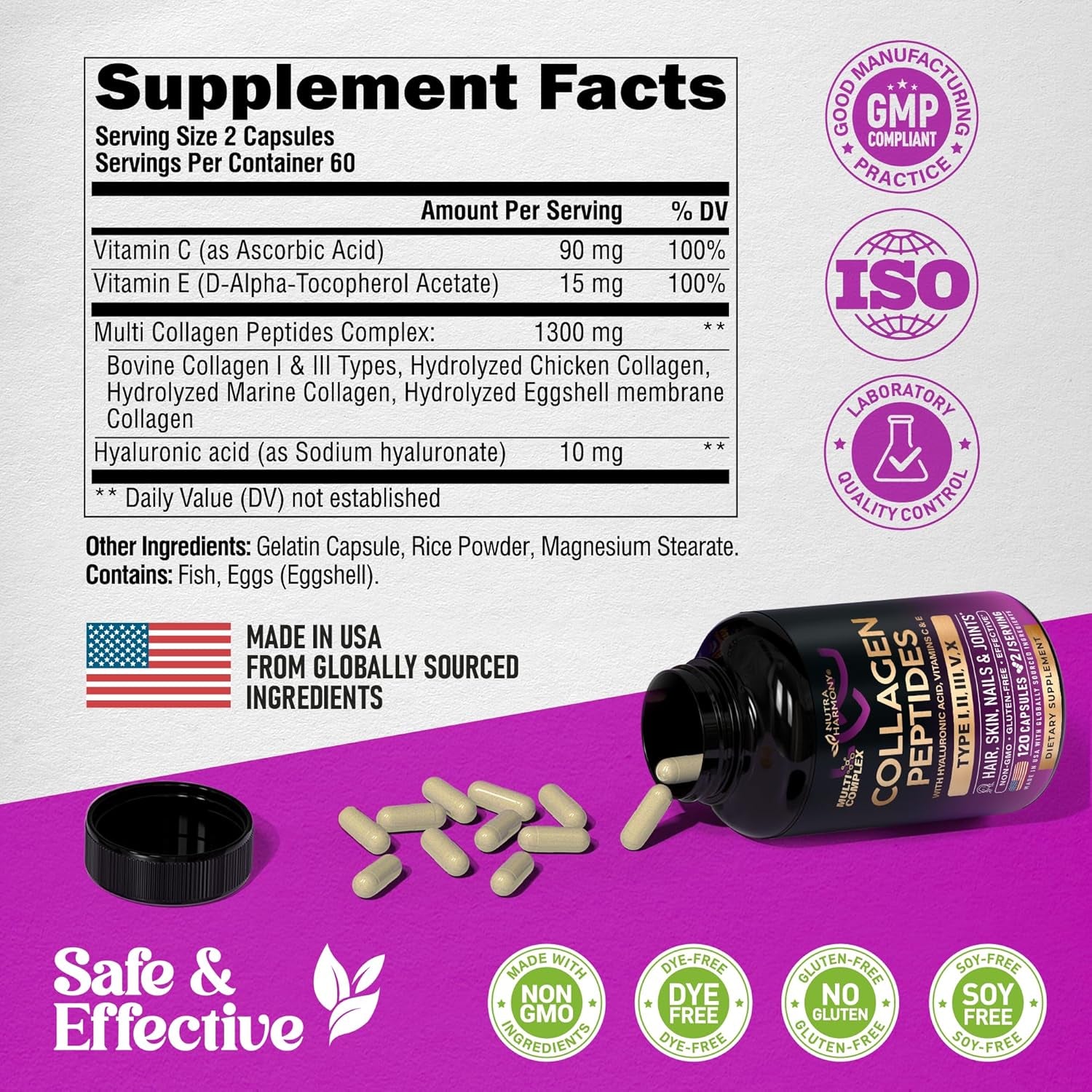 NUTRAHARMONY Multi-Collagen Peptides — 120 Capsules | Hydrolysed Types I, II, III, V & X | Skin, Hair, Joints & Gut Support