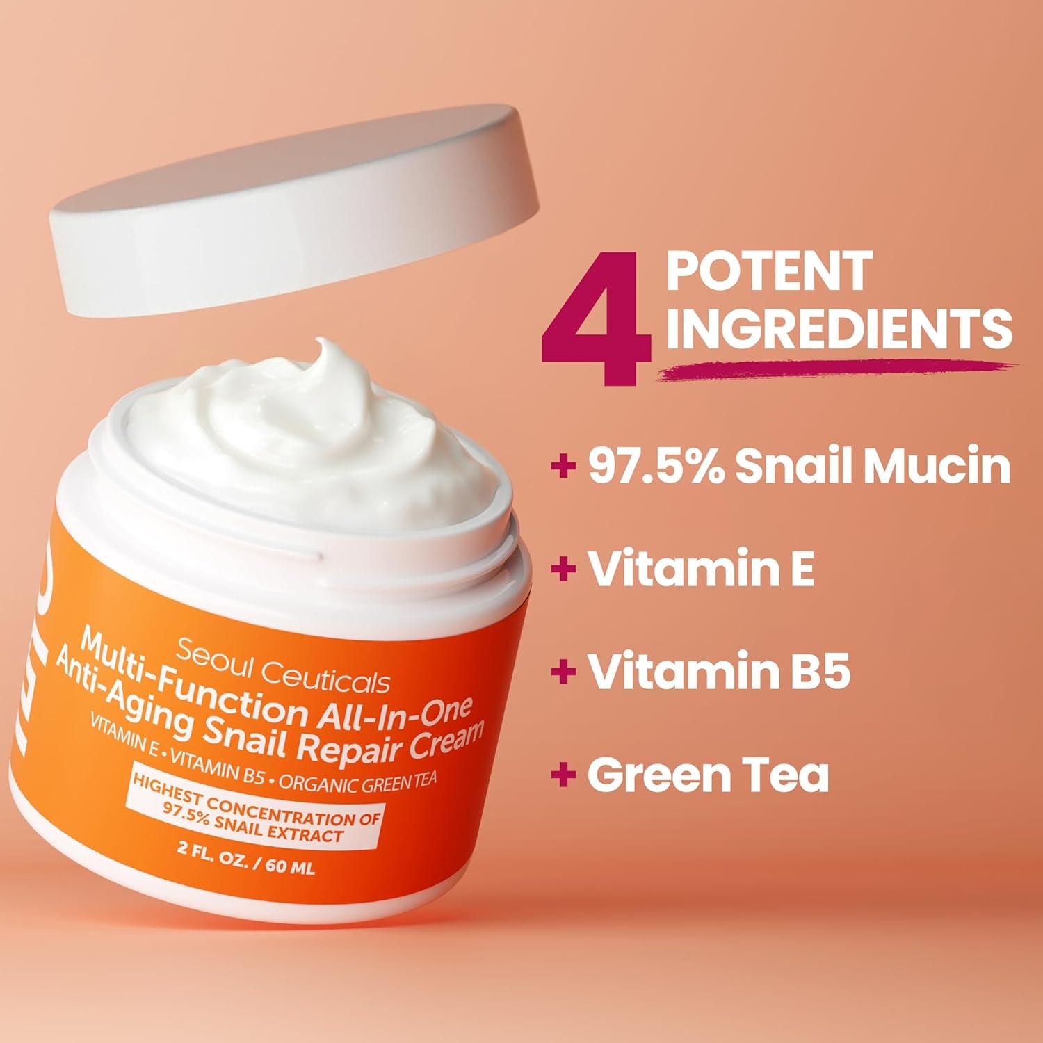 SeoulCeuticals 97.5% Snail Mucin Moisturising Cream – Korean Anti-Ageing Repair for Face | Day & Night | 60ml | K-Beauty