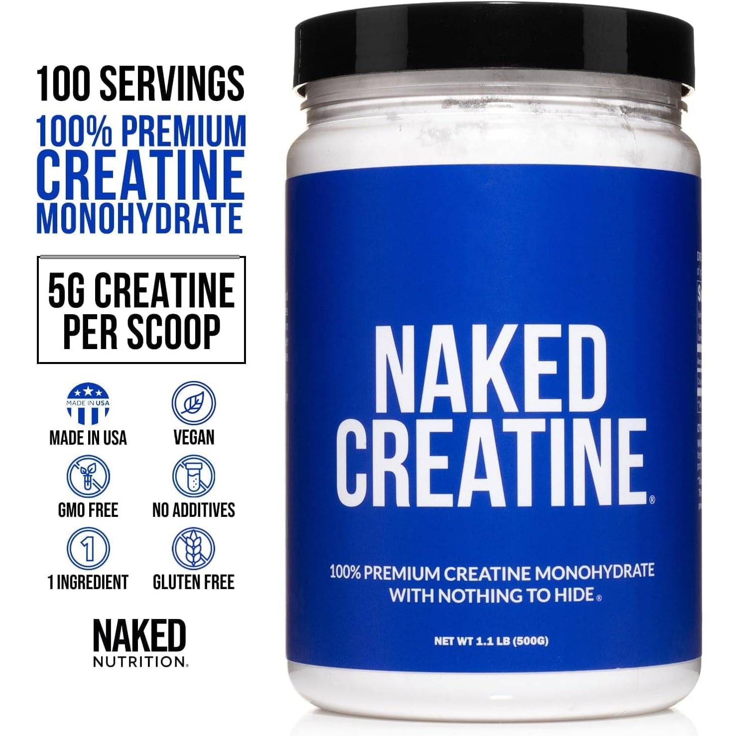 NAKED Pure Micronized Creatine Monohydrate Powder - NSF Certified, Unflavored, 500G, 1.1Lb Bulk - Vegan, Non-Gmo, Gluten-Free, Soy-Free, No Fillers, Supports Muscle Growth & Strength - 100 Servings