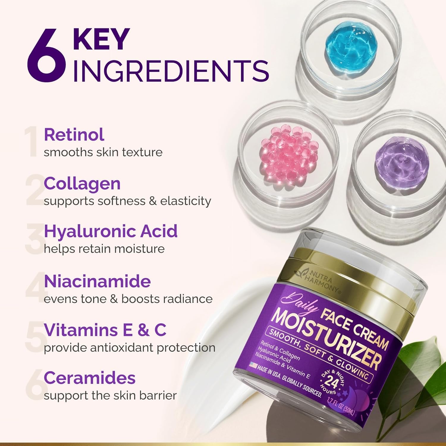 NUTRAHARMONY Hydrating Face Moisturiser - 50ml | Hyaluronic Acid & Ceramides | Dermatologically Tested | For All Skin Types