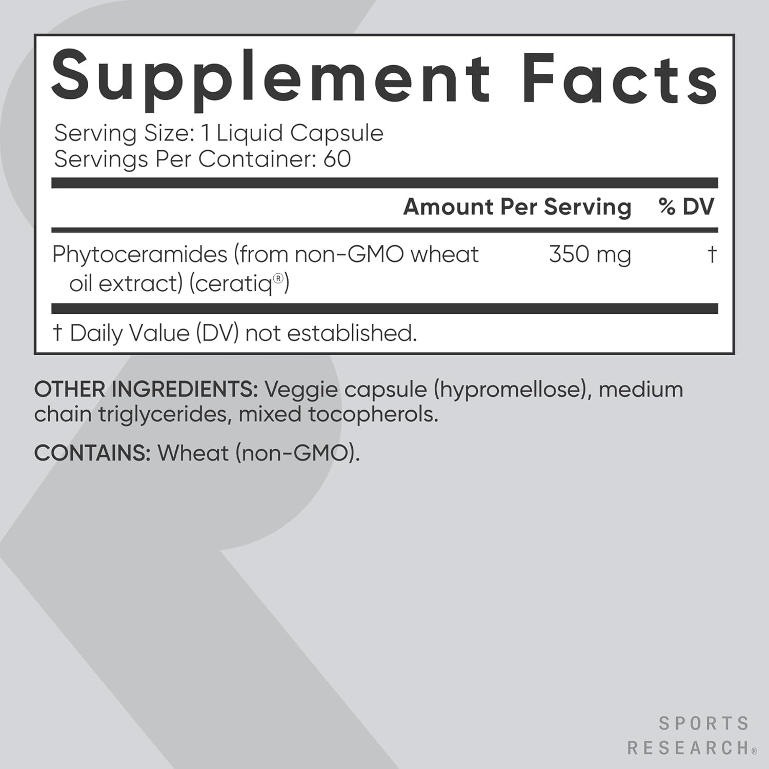 Sports Research Phytoceramides 350 Mg per Liquid Veggie Capsule - Plant Derived Ceramides for Healthy Skin and Hydration - Made with Ceratiq® · Non-Gmo · Vegan Friendly - 60 Count