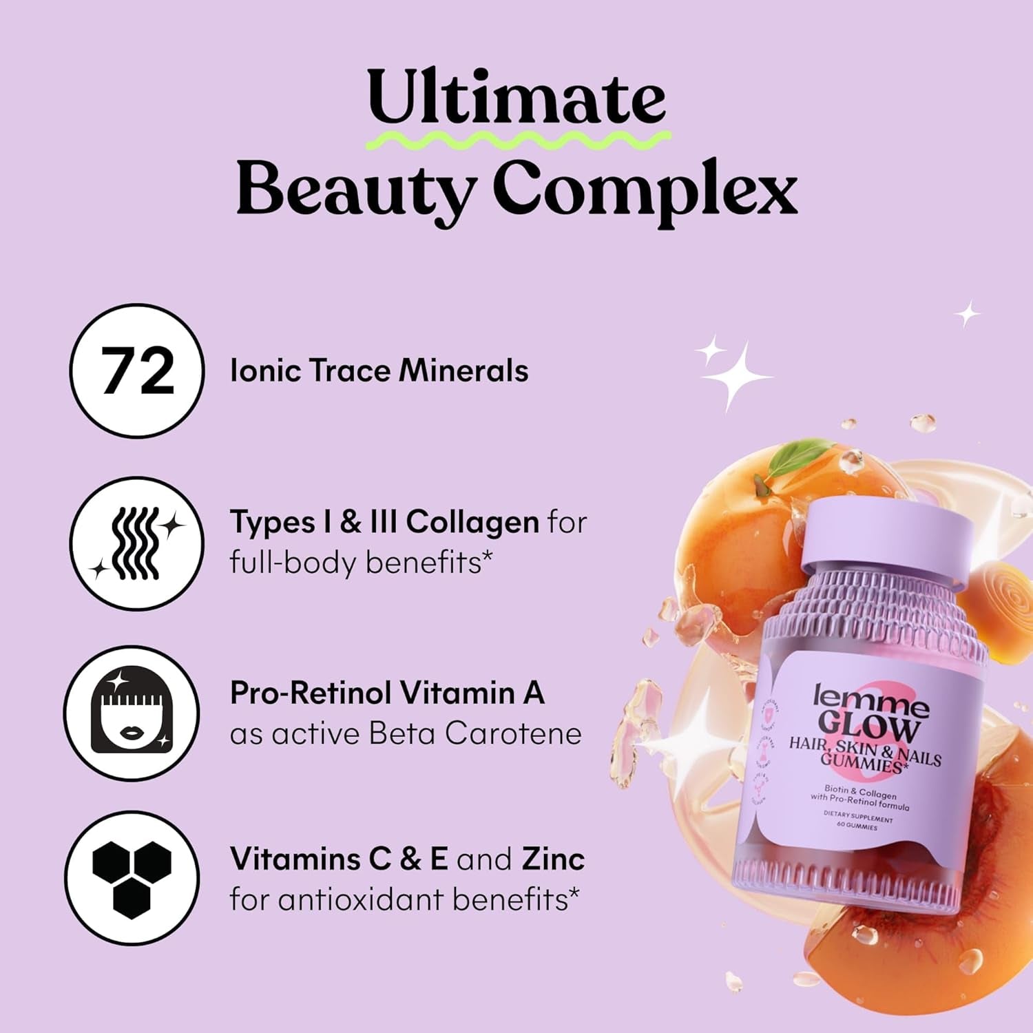 Glow Collagen Gummies for Thick Hair, Strong Nails & Healthy Skin with Multi-Collagen Peptides, Biotin, Trace Minerals, Zinc, Vitamins A, C & E, Dairy & Gluten Free, Peach Flavor, 60 Ct.