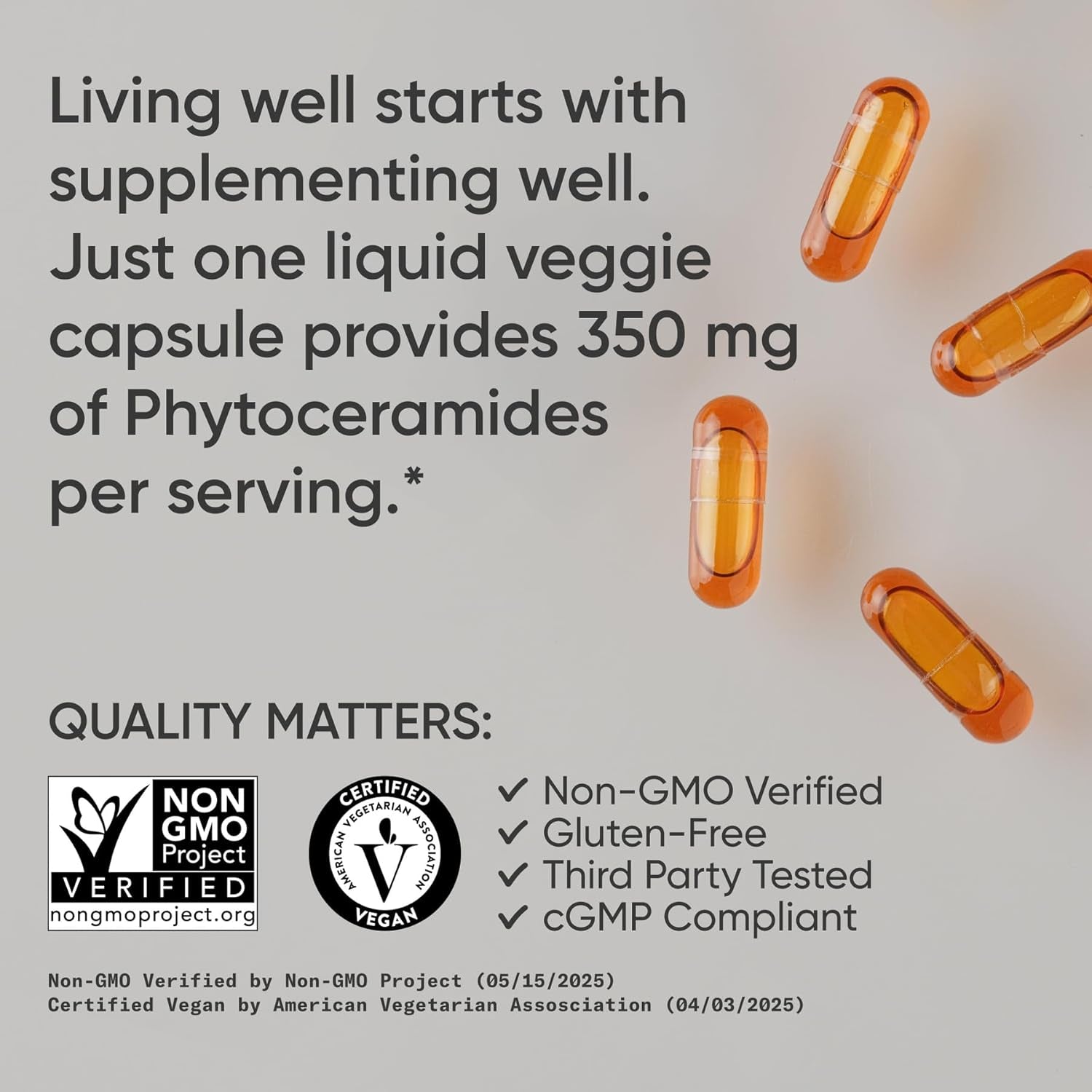 Sports Research Phytoceramides 350 Mg per Liquid Veggie Capsule - Plant Derived Ceramides for Healthy Skin and Hydration - Made with Ceratiq® · Non-Gmo · Vegan Friendly - 60 Count