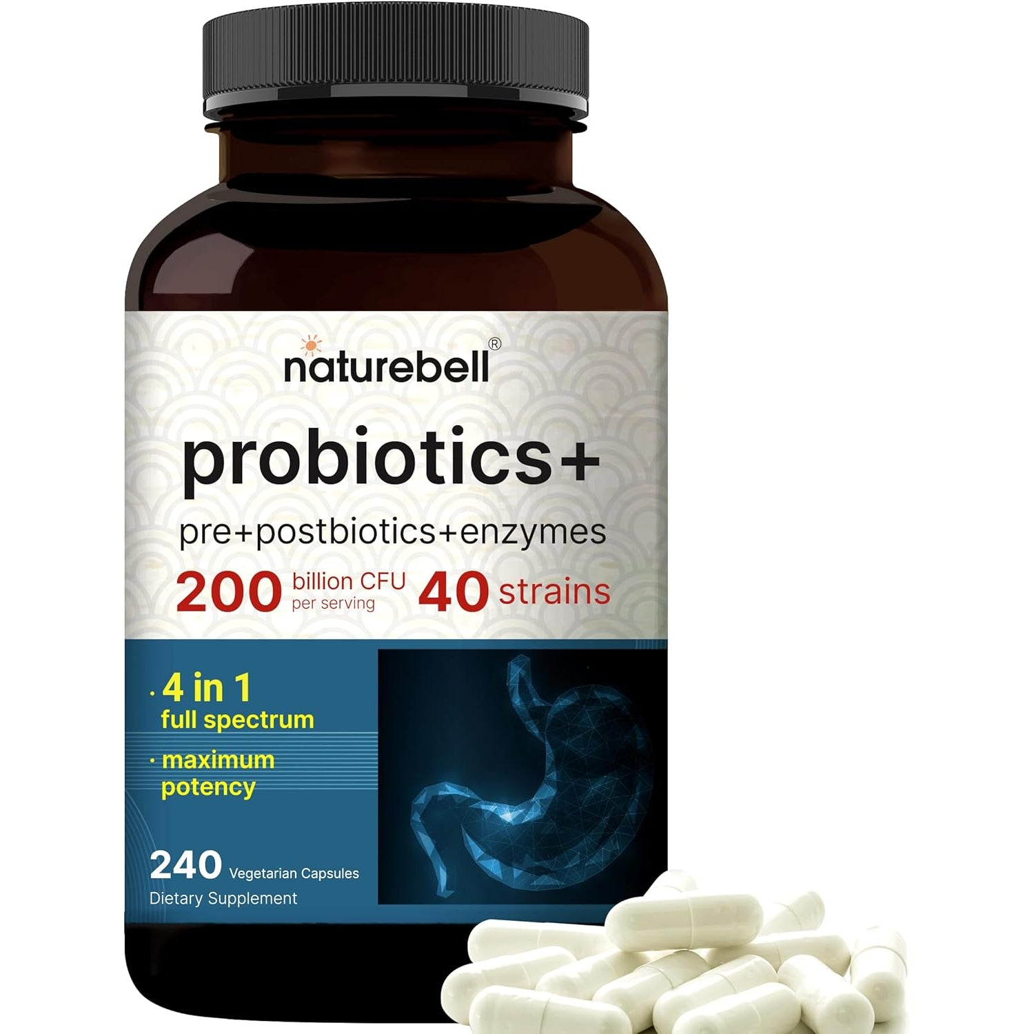 Naturebell Probiotic 200 Billion CFU – 40 Strains with Prebiotics & Digestive Enzymes for Gut & Immune Health | Full Spectrum | 240 Capsules