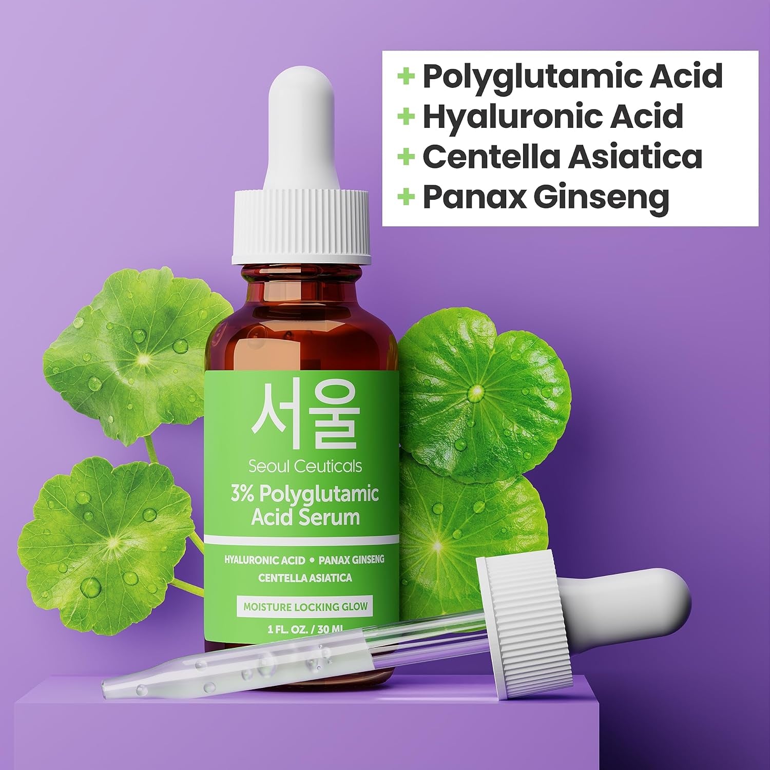 SeoulCeuticals Polyglutamic Acid Serum – Hyaluronic Acid & Centella Asiatica for Intense Hydration & Healthy Glow | 30ml | K-Beauty