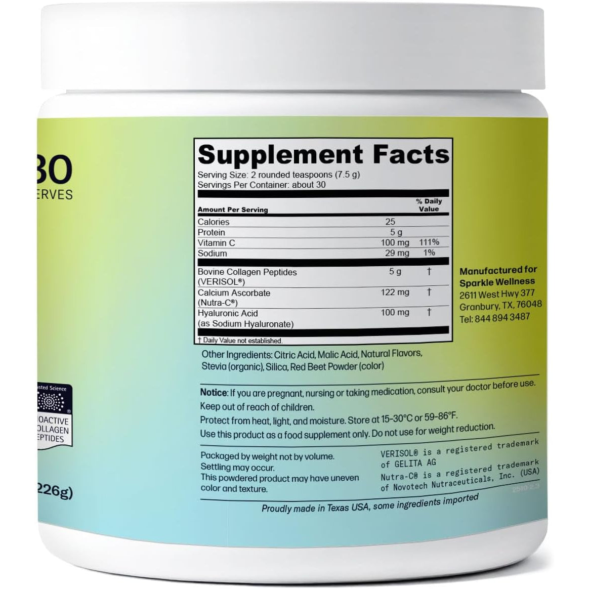 Sparkle Wellness VERISOL Bioactive Hydrolyzed Collagen Peptides | Collagen Powder with Vitamin C & Hyaluronic Acid for Hair, Skin, and Nail Health | Skin Boost plus (Acai Lemonade) [30-Serves]