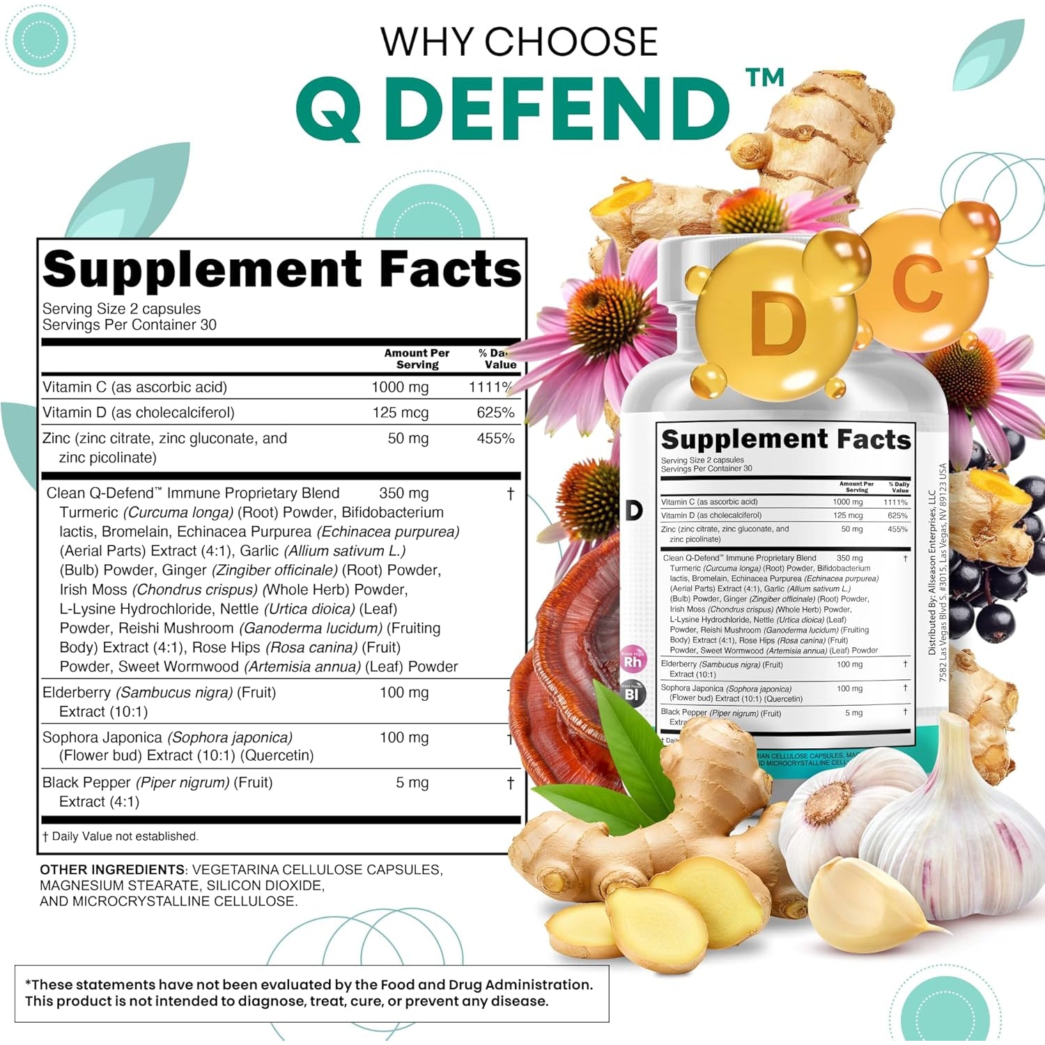 Clean Nutraceuticals Q Defend Quercetin Complex – 60 Capsules | Quercetin, Zinc, Vitamins C & D, Elderberry, Turmeric, Sea Moss & Reishi Mushroom | Immune Support