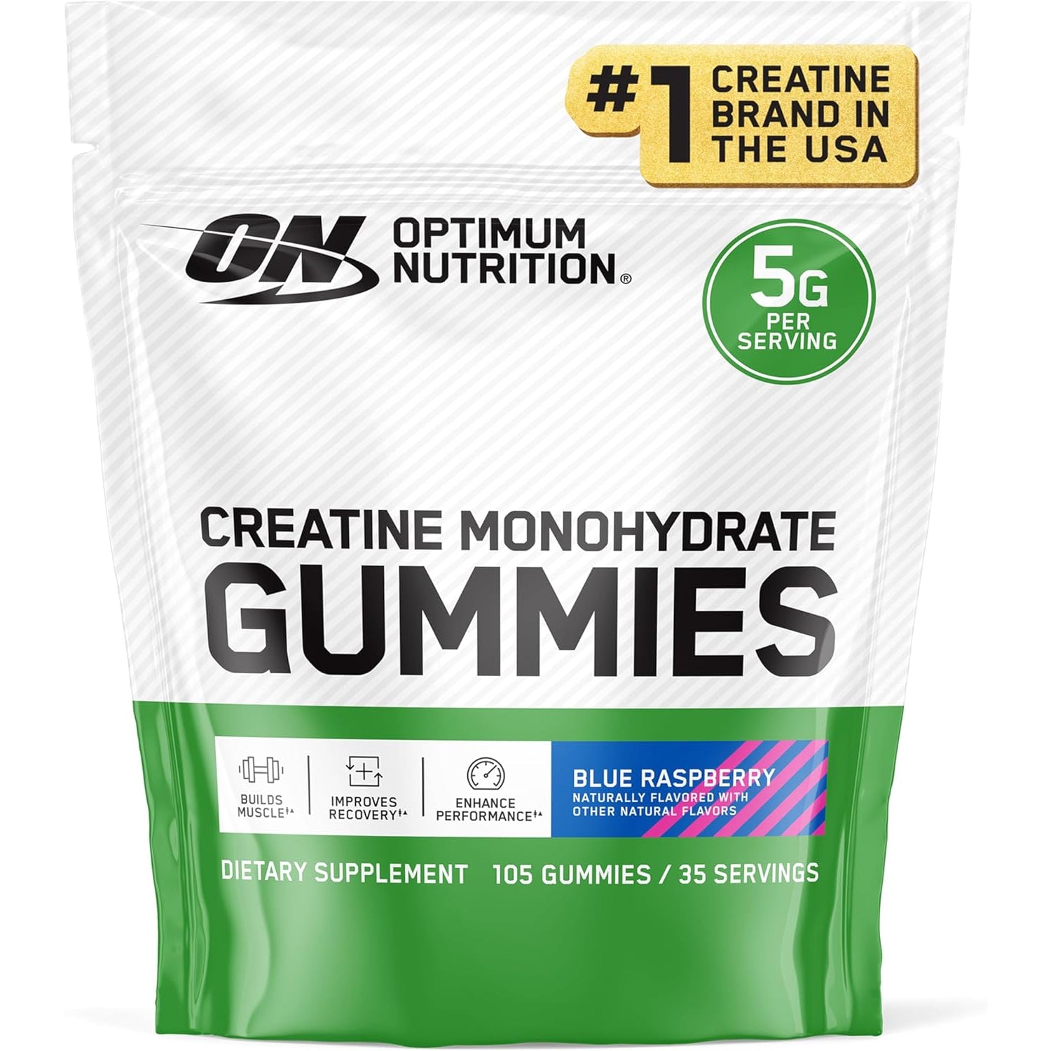 Optimum Nutrition Creatine Monohydrate Gummies, Blue Raspberry Flavor, 105 Count, 35 Servings, 5G Creatine per Serving (Packaging May Vary)