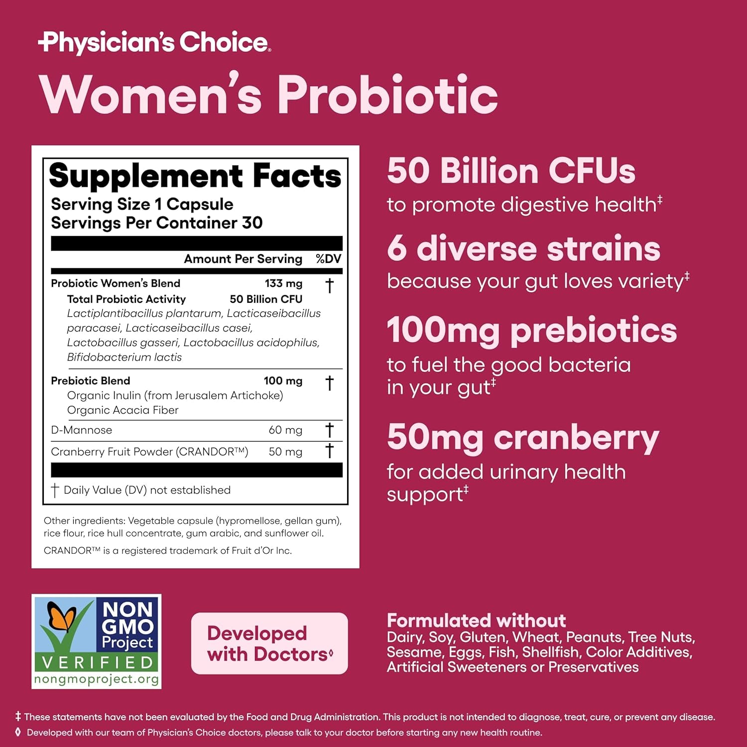 Physician's Choice Women's Probiotic – 50 Billion CFU, 6 Strains, Cranberry & Prebiotics for pH Balance & Feminine Health | 30 Capsules