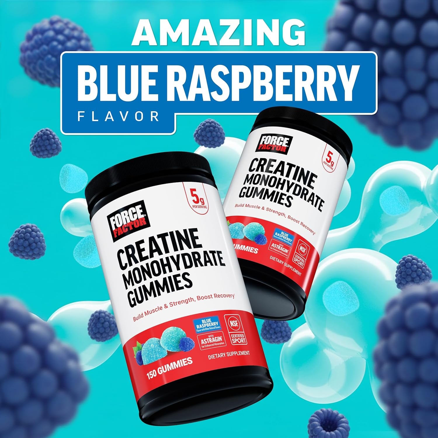 Force Factor Creatine Monohydrate Gummies, NSF Certified, 5G Dose for Men & Women to Support Muscle, Strength, Recovery, Cognitive Health & Memory, Packaging May Vary, Blue Raspberry, 150 Gummies