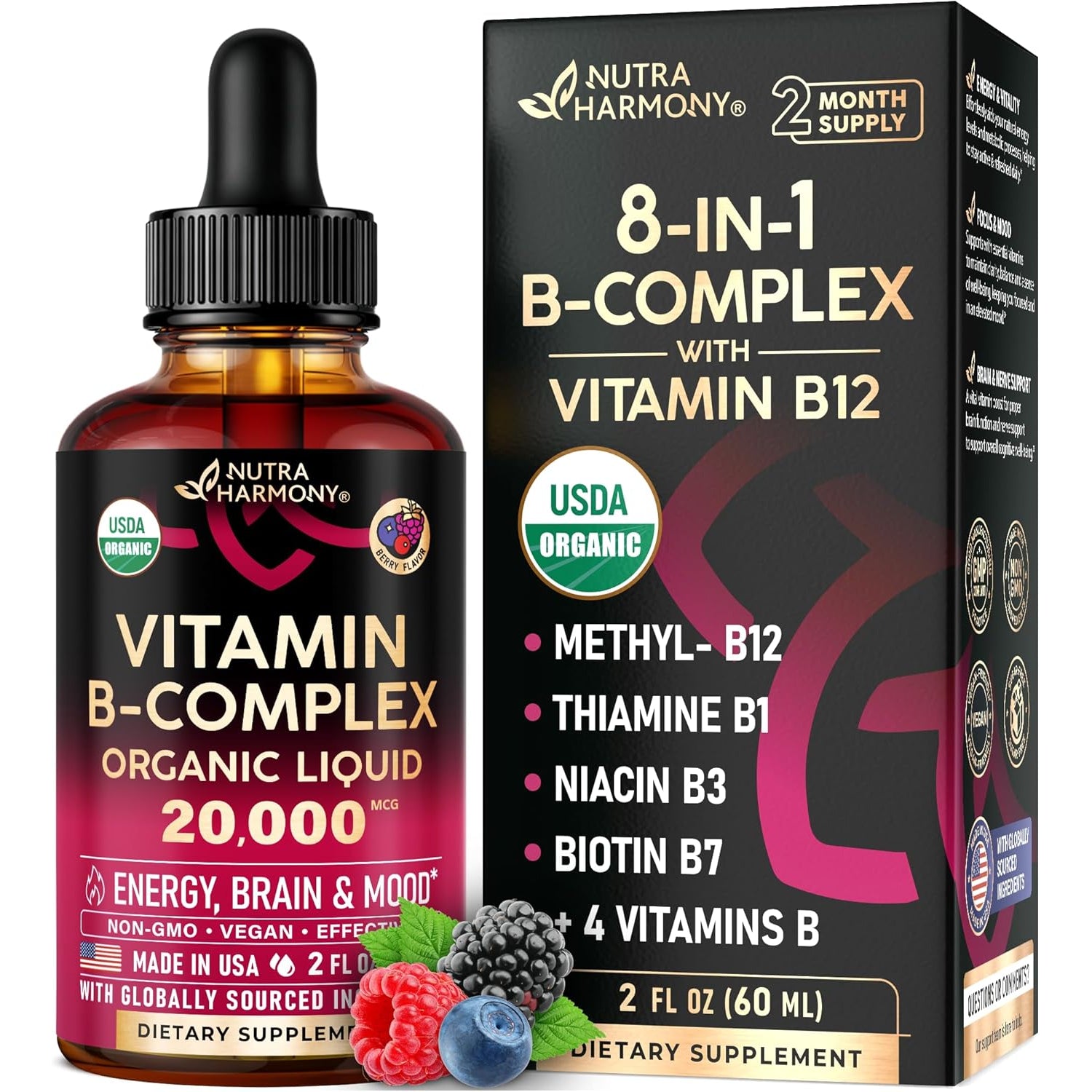 NUTRAHARMONY B-Complex Supplement — 60ml| Methylcobalamin B12, Pantothenic Acid, Pyridoxine, Niacinamide | Energy & Nervous System Support