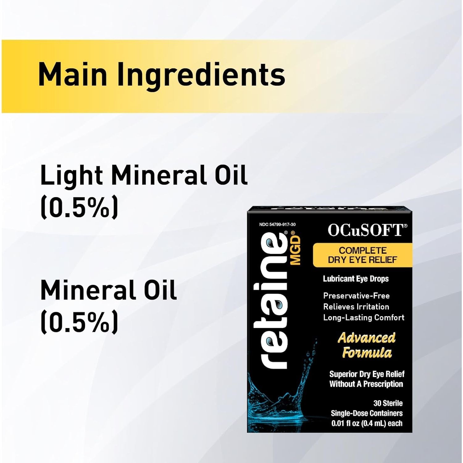 OCuSOFT Retaine MGD Complete Dry Eye Relief – 30 Sterile Single-Dose Containers (0.4ml) | Advanced Lubrication & Moisture Protection