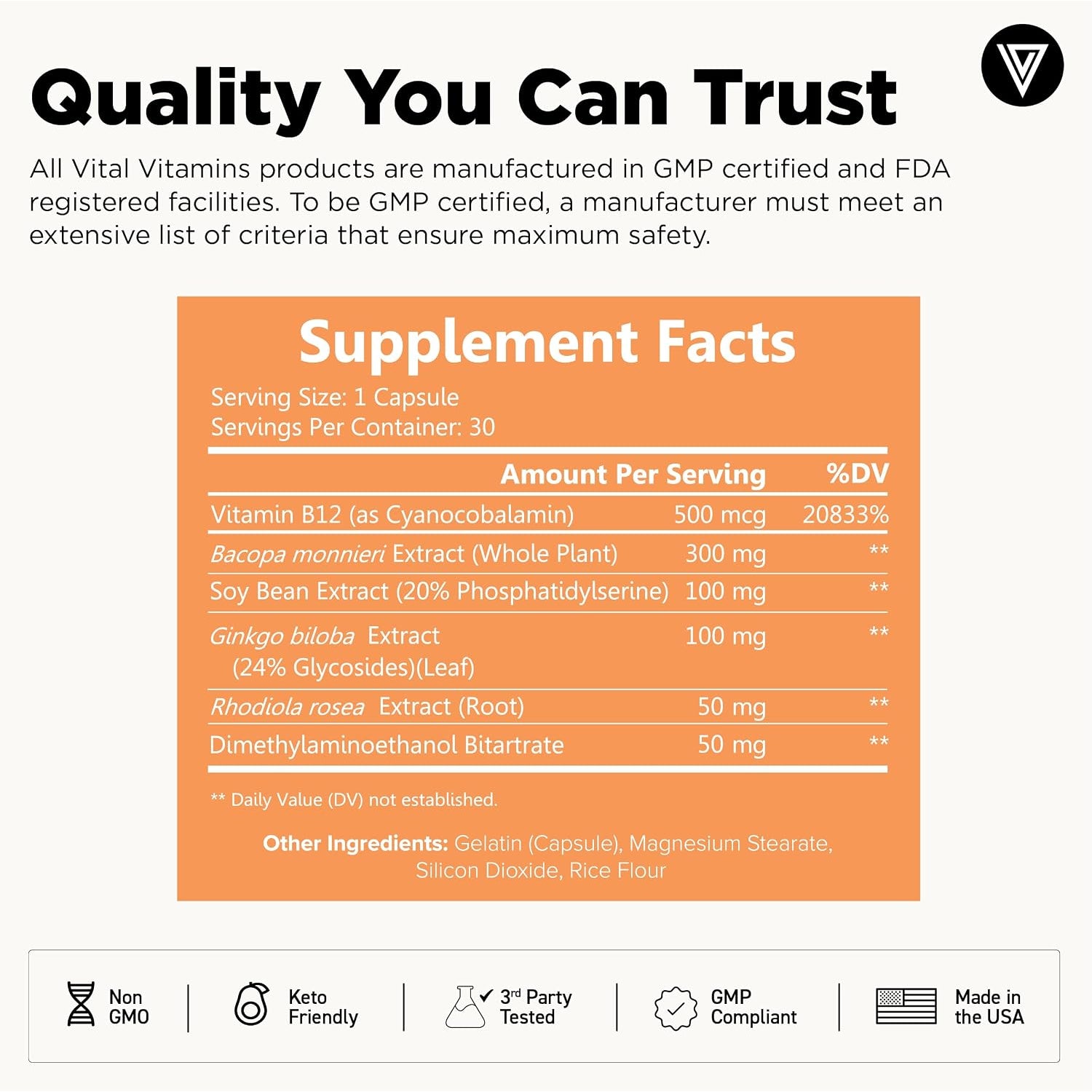 Vital Vitamins Brain Supplements with Bacopa Monnieri - for Memory and Focus – Nootropic Brain Booster - Caffeine-Free Support for Adults & Seniors – Non-Gmo, 30-Day Supply, 30 Capsules