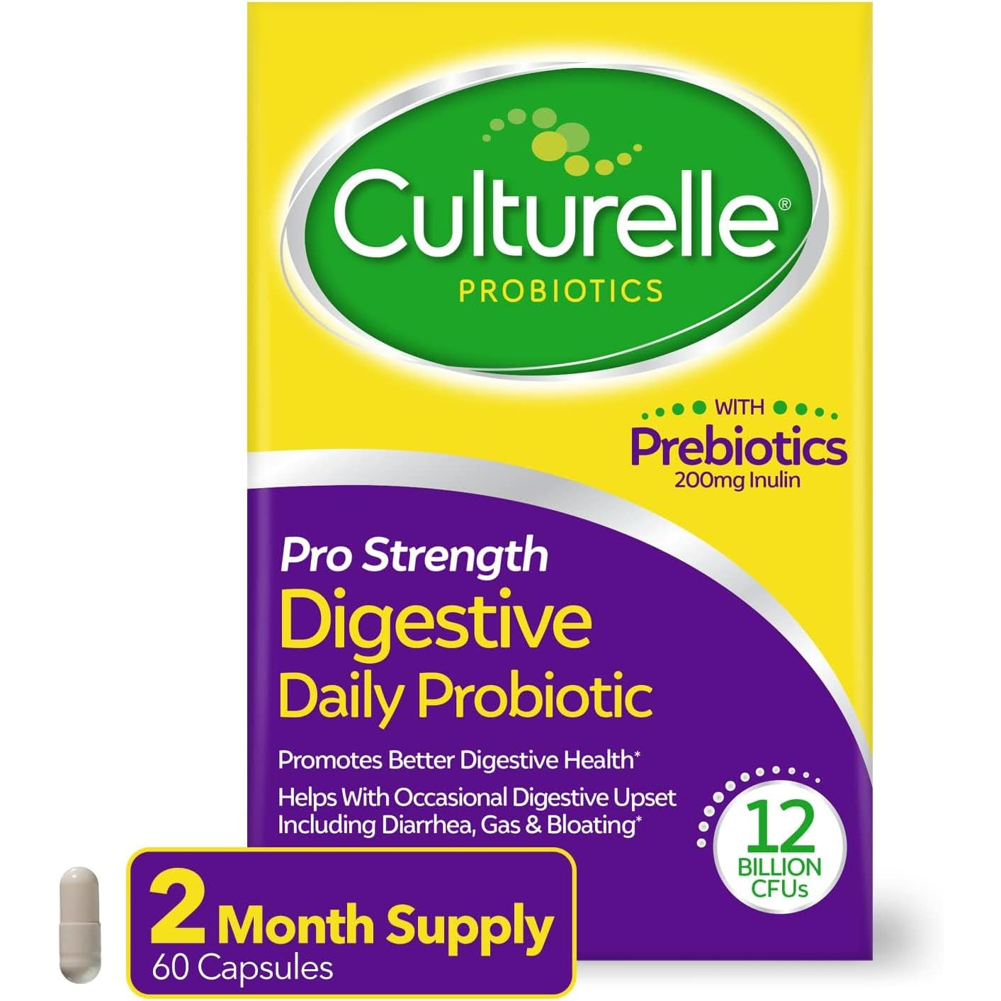Culturelle Pro Strength Daily Probiotics for Digestive Health (2 Month Supply) with Prebiotics for Women & Men, Supports Occasional Diarrhea, Gas & Bloating, Gluten & Soy Free, 60 Count