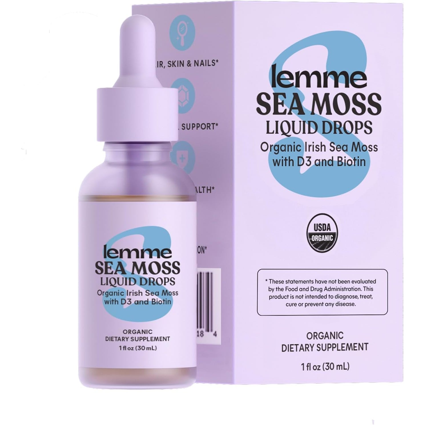 Irish Sea Moss Organic Liquid Drops with Vitamin D3 and Biotin for Trace Mineral Support, Immunity, Hair, Skin & Nails, Brain Health - Gluten & Sugar Free, Non GMO, 1 Oz, 30 Servings