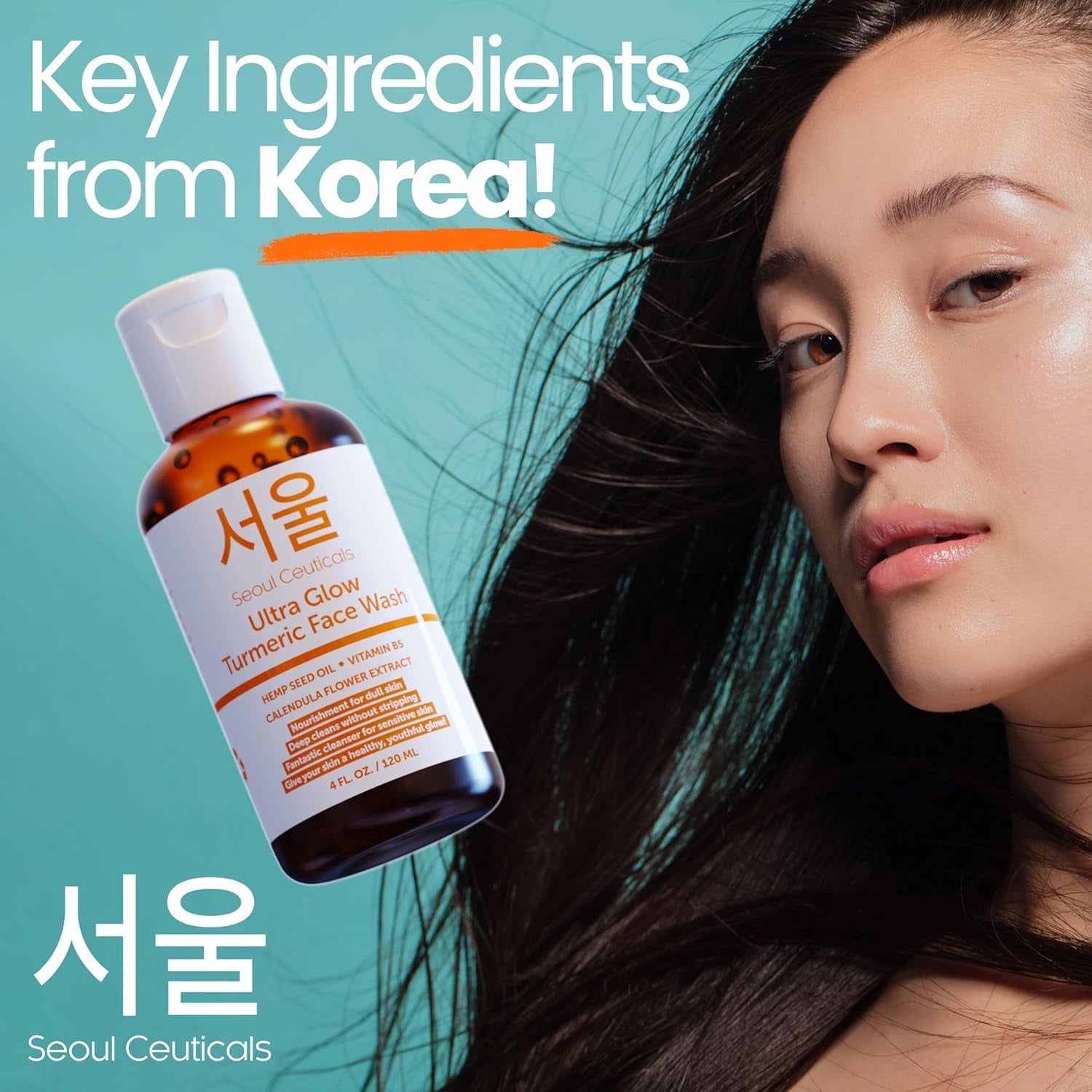 SeoulCeuticals Korean Turmeric Face Wash – Vegan Brightening Cleanser for Dry & Sensitive Skin | K-Beauty | 120ml