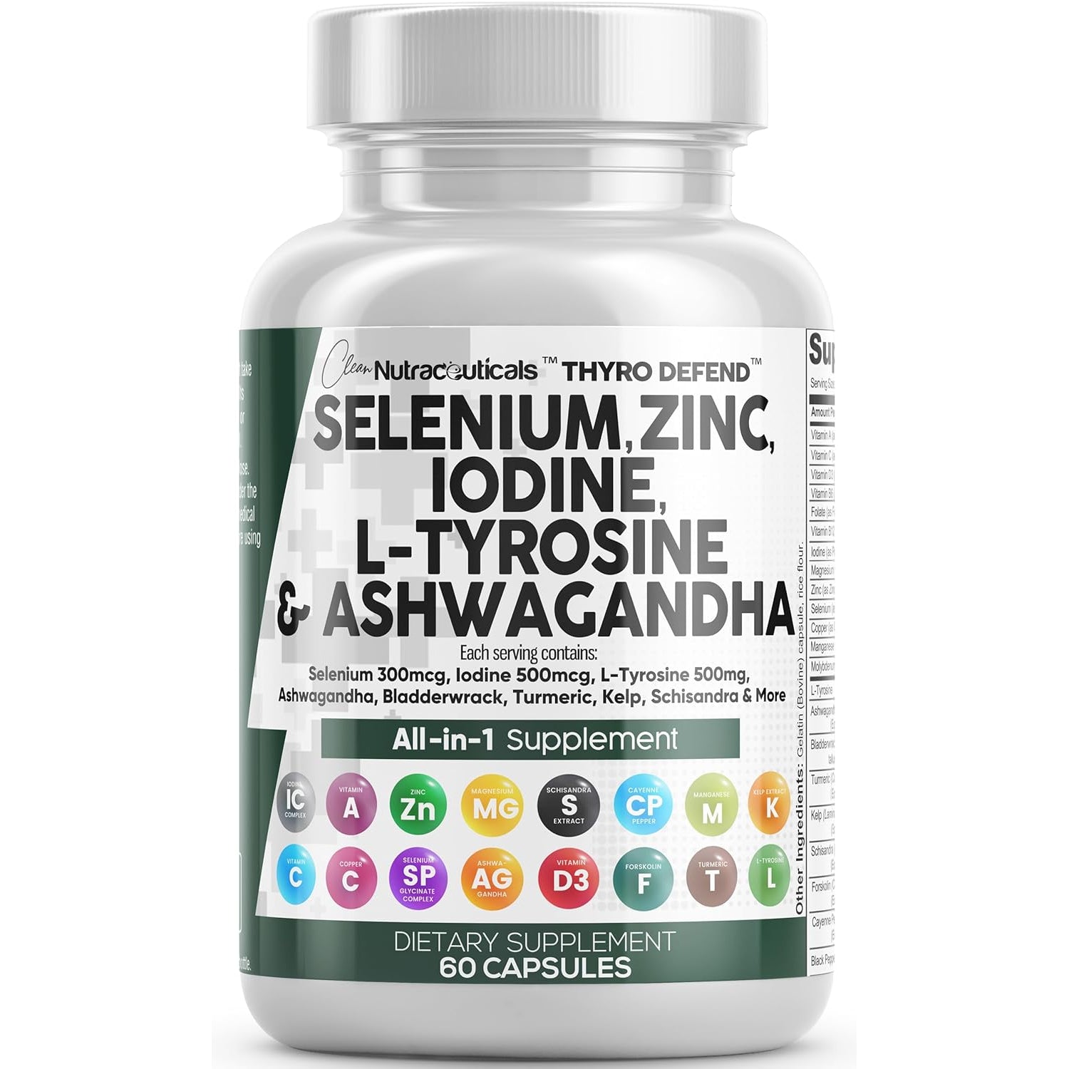 Clean Nutra Thyroid Support Complex – 60 Capsules | Selenium 300mcg, Iodine 500mcg & L-Tyrosine 500mg | Ashwagandha, Kelp, Bladderwrack, Turmeric & Zinc