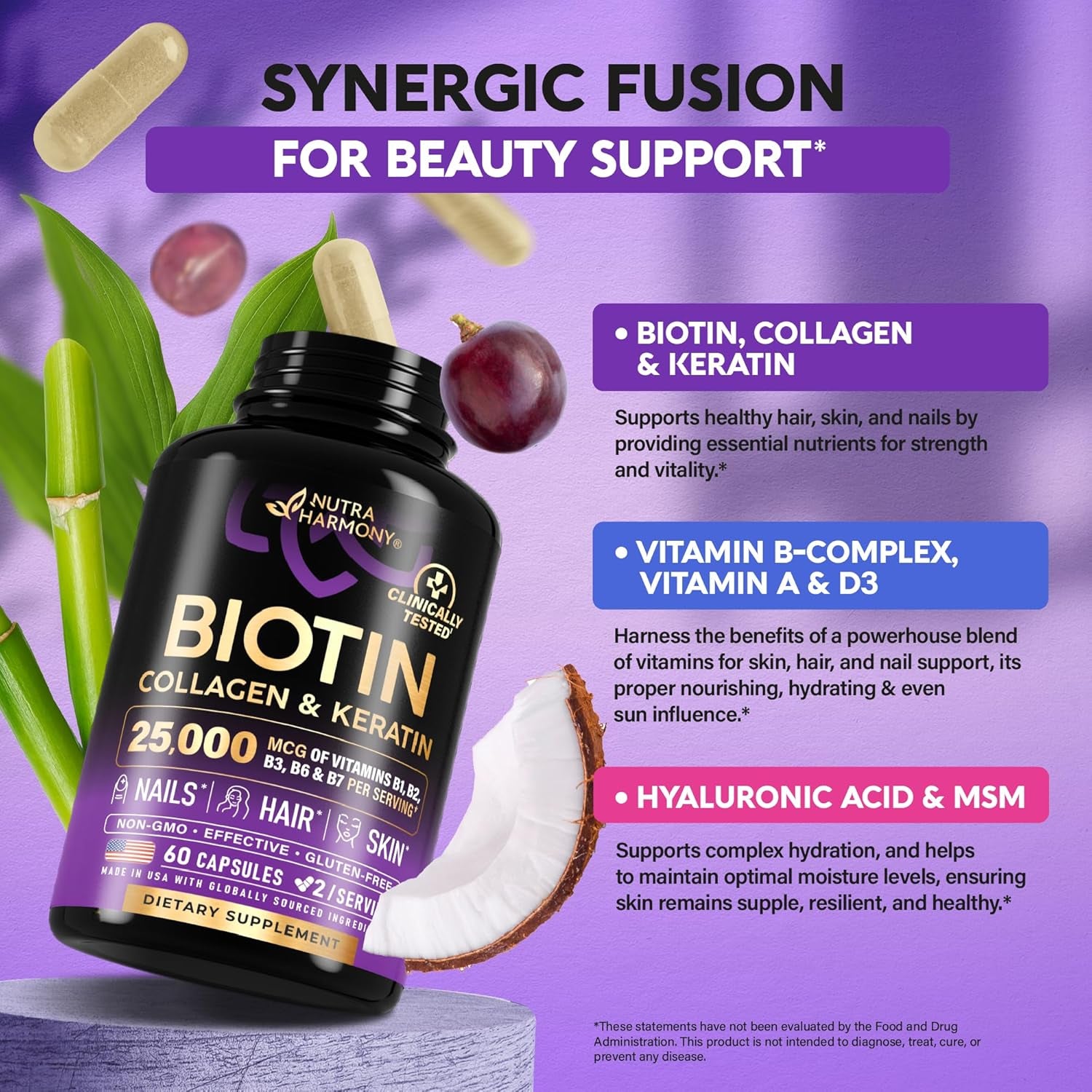 NUTRAHARMONY Biotin, Collagen & Hyaluronic Acid Gummies | Hair, Skin & Nail Support | Sugar-Free | 60 Count