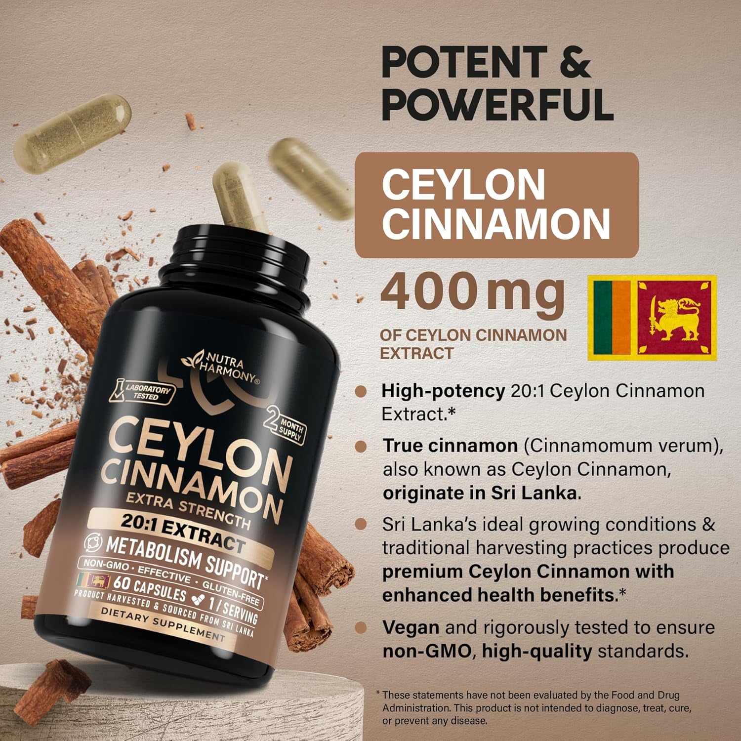 NUTRAHARMONY Ceylon Cinnamon Capsules - 60 Count | Metabolism & Blood Sugar Support | True Cinnamon Extract | Vegan