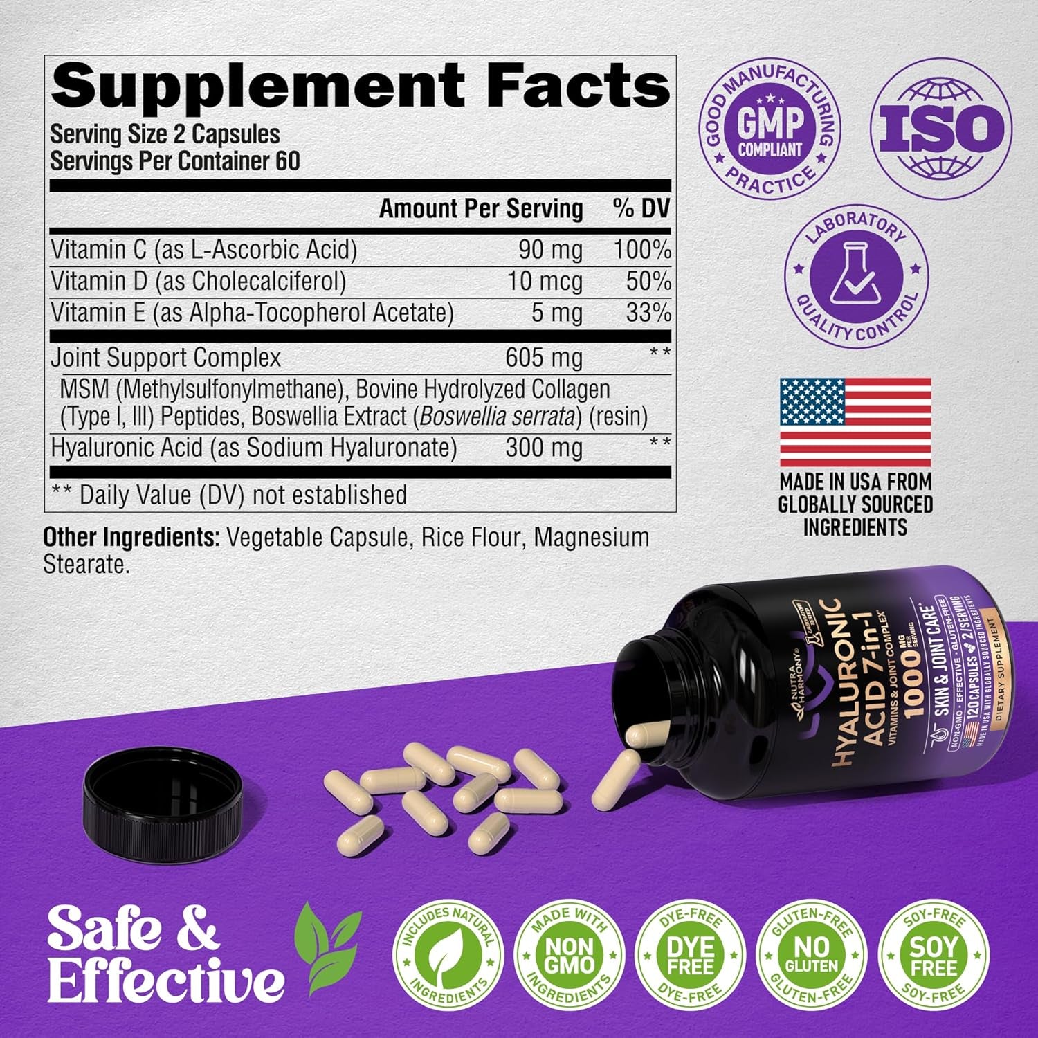 NUTRAHARMONY Hyaluronic Acid Supplement 1,000mg — 120 Capsules | Internal Skin Hydration, Joint Lubrication & Anti-Ageing Support