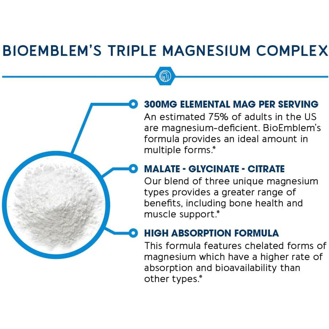 Bioemblem Triple Magnesium Complex | 300Mg Magnesium Glycinate, Malate & Citrate | High Absorption Chelated Formula | Vegan, Non-Gmo, Gluten-Free | 90 Capsules