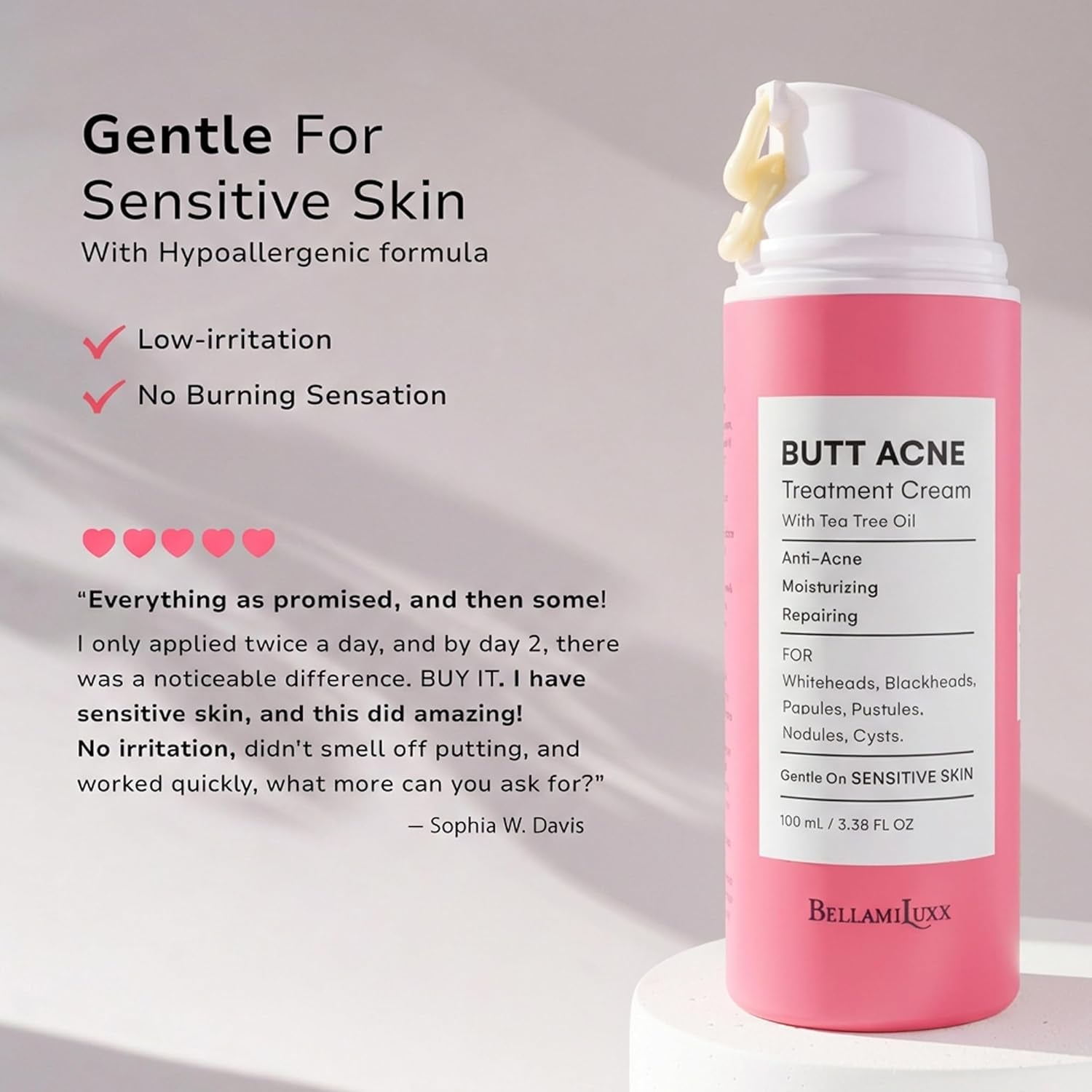 Bellamiluxx Butt Acne Clearing Treatment Cream: Body Acne Treatment for Folliculitis and Pimples on Buttocks, Thighs, and Body with 2% Salicylic Acid & Tea Tree Oil - Butt Cream for Smooth Skin