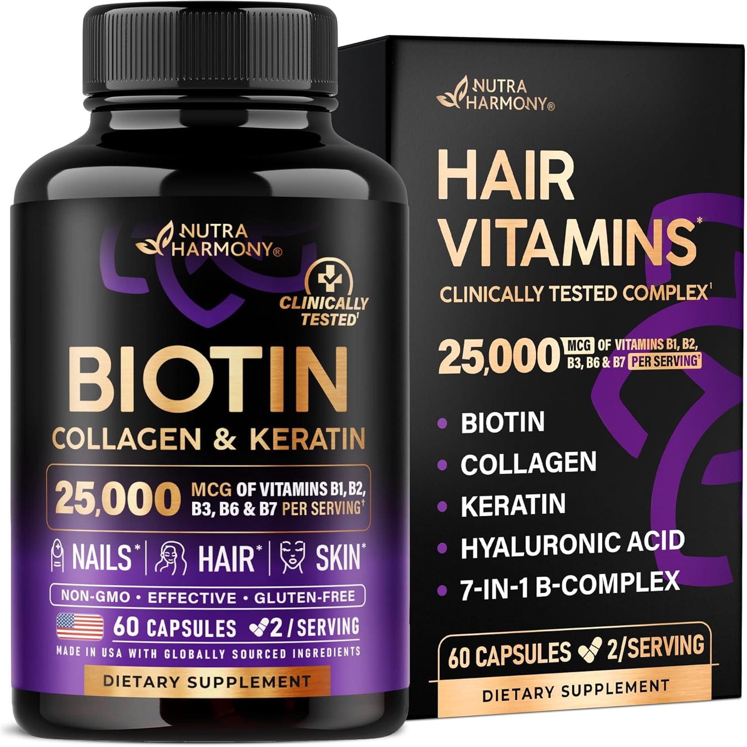 NUTRAHARMONY Biotin, Collagen & Hyaluronic Acid Gummies | Hair, Skin & Nail Support | Sugar-Free | 60 Count