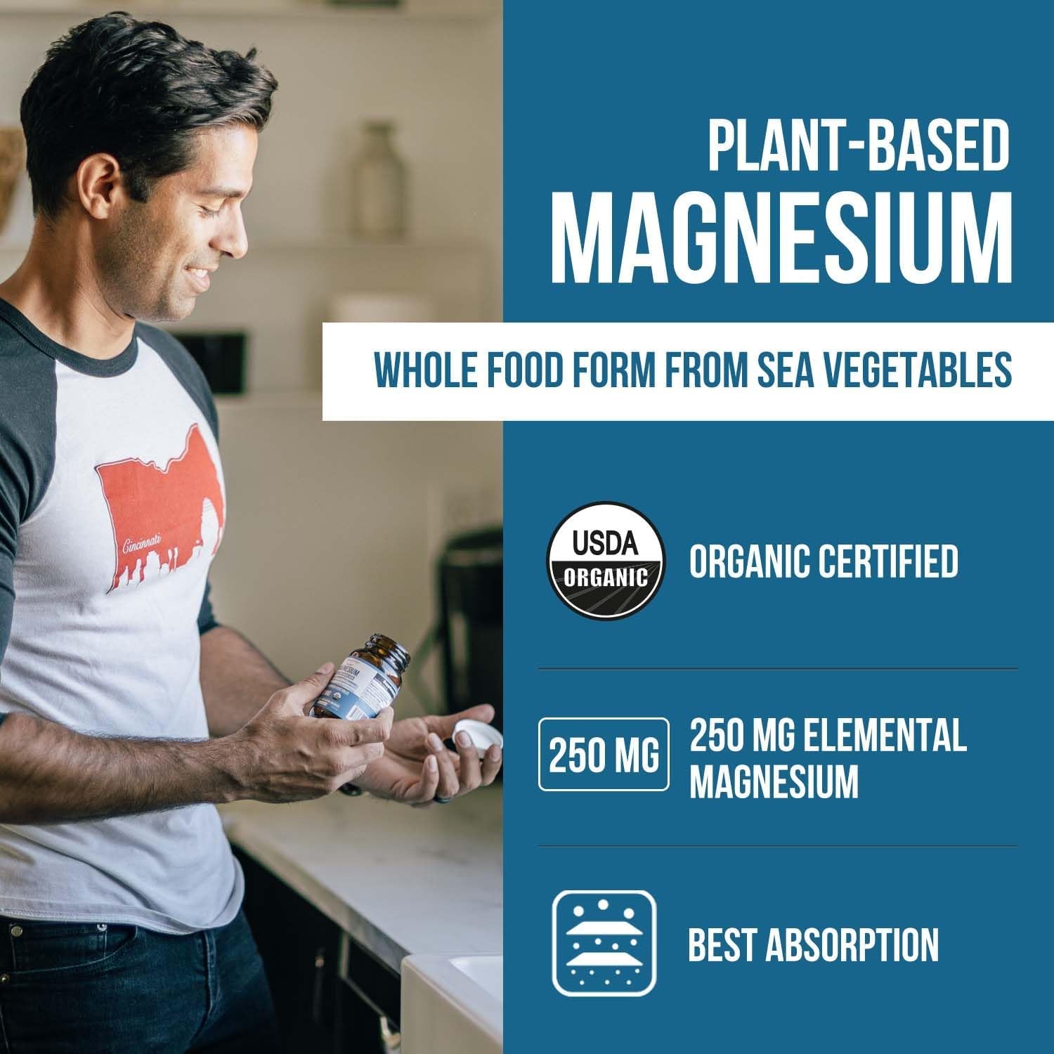 Organic Whole Food Magnesium Supplement - Plant-Based, Organic Sea Vegetable Complex - 250 Mg per Serving | Water Extracted | Gentle on Stomach | Supports Energy, Sleep, Muscle, Heart - 60 Capsules