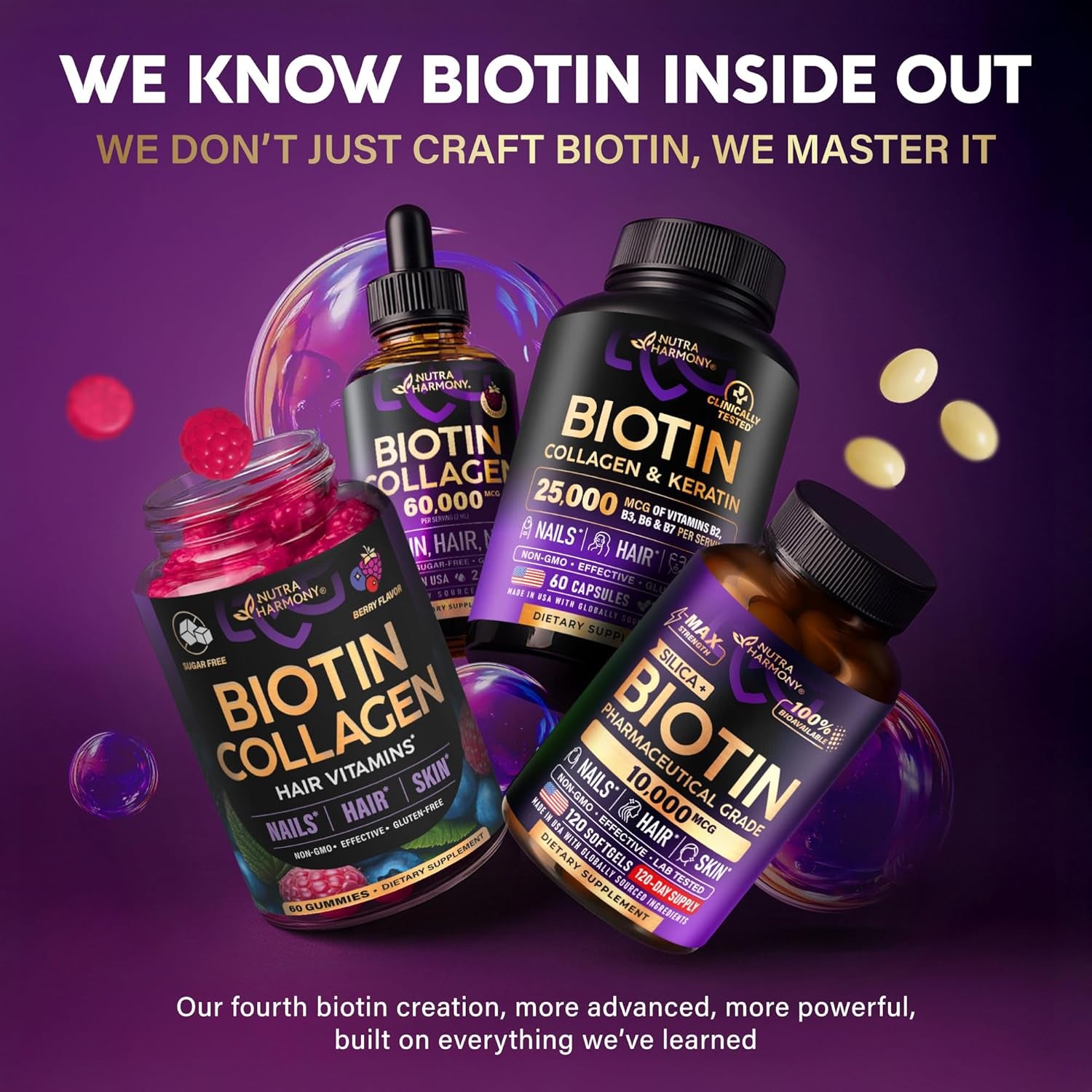 NUTRAHARMONY Biotin, Collagen & Hyaluronic Acid Gummies | Hair, Skin & Nail Support | Sugar-Free | 60 Count