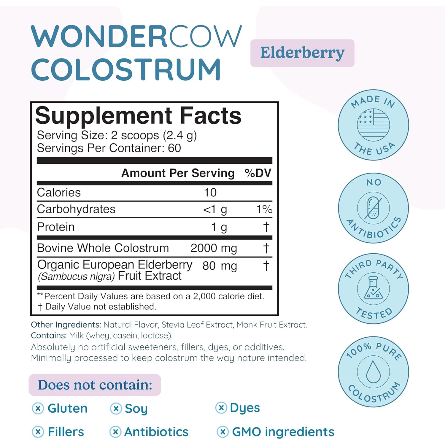 WONDERCOW Colostrum Supplement Powder for Gut Health, Immune Support & Wellness | Natural Igg Pure Whole Bovine Colostrum Superfood, Elderberry, 60 Servings