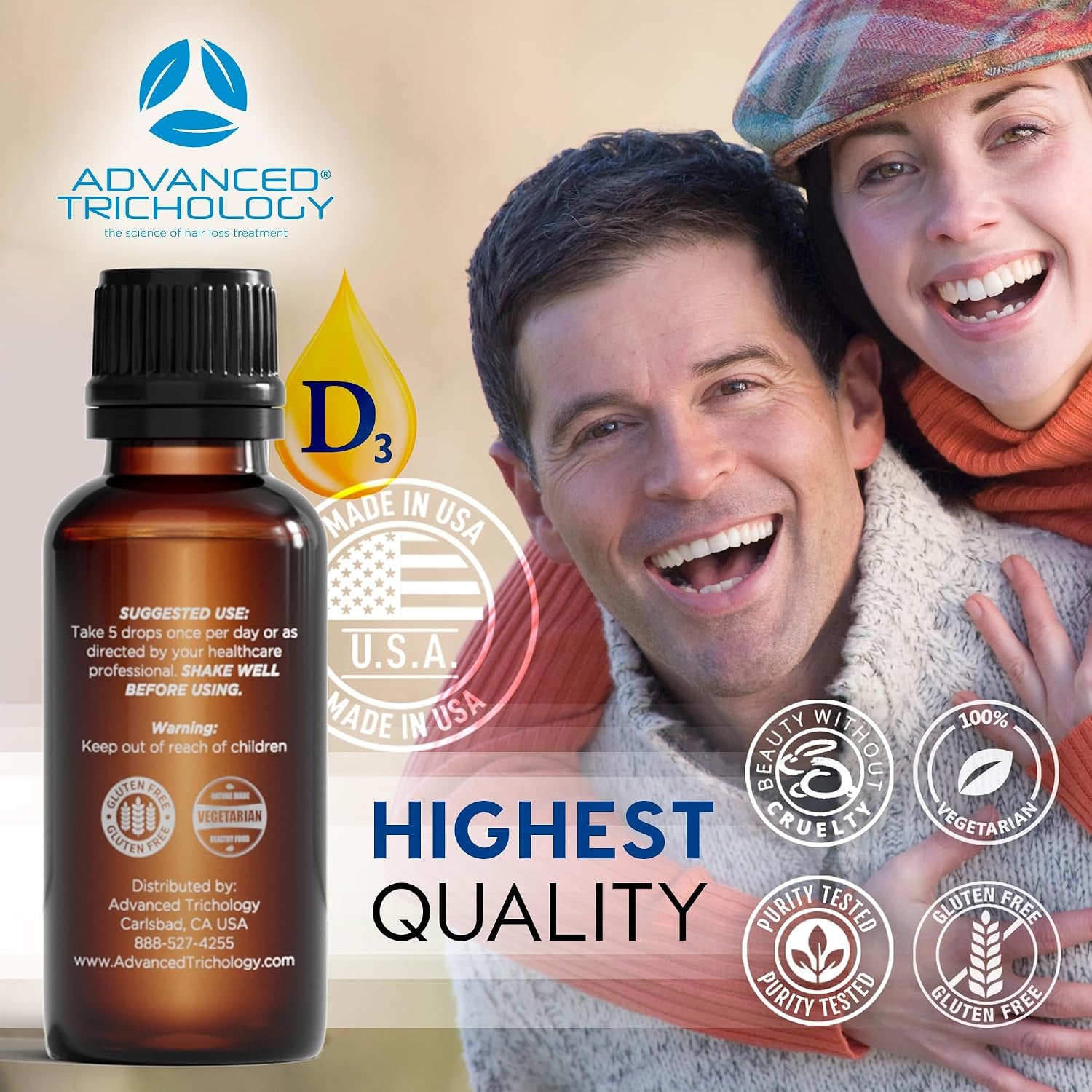 Advanced Trichology Vegetarian Liquid Vitamin D3-5000 Iu High Absorption - 1000 Iu per Drop - 6 Month Supply - Gluten Free 365 VIT D - 1 Fluid Ounce (Pack of 1)