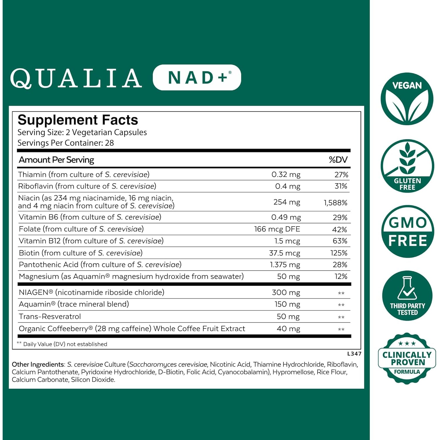 Qualia NAD Supplement — Clinically Proven to Boost NAD+ up to 67%. Optimized Aging, Energy, Focus. Elite Ingredients Nicotinamide Riboside (NIAGEN), Niacin, Niacinamide (1 Month Supply)