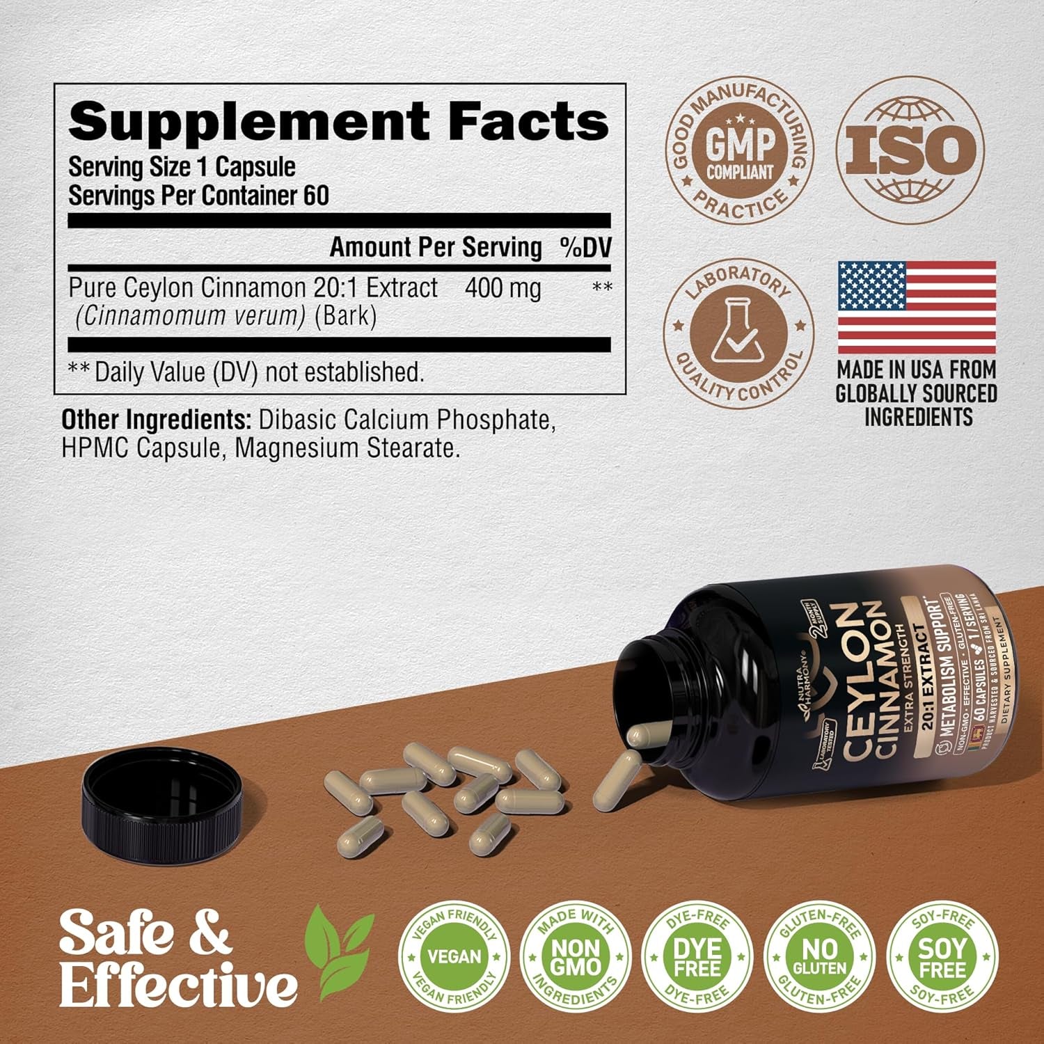 NUTRAHARMONY Ceylon Cinnamon Capsules - 60 Count | Metabolism & Blood Sugar Support | True Cinnamon Extract | Vegan