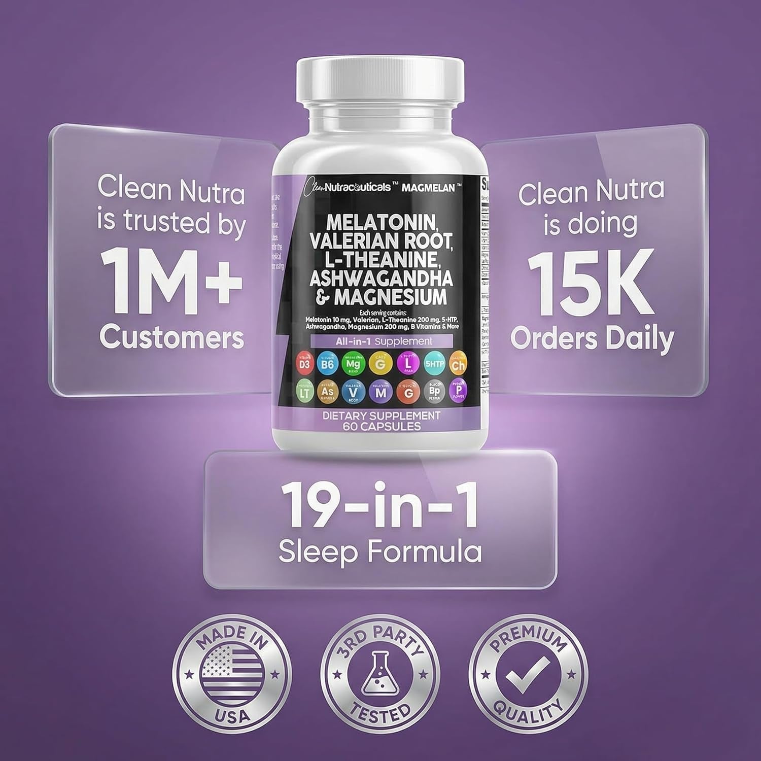 Clean Nutraceuticals Sleep Support Complex – 60 Capsules | Melatonin 10mg, Valerian Root, L-Theanine 200mg & Ashwagandha | Magnesium, Lemon Balm & Chamomile