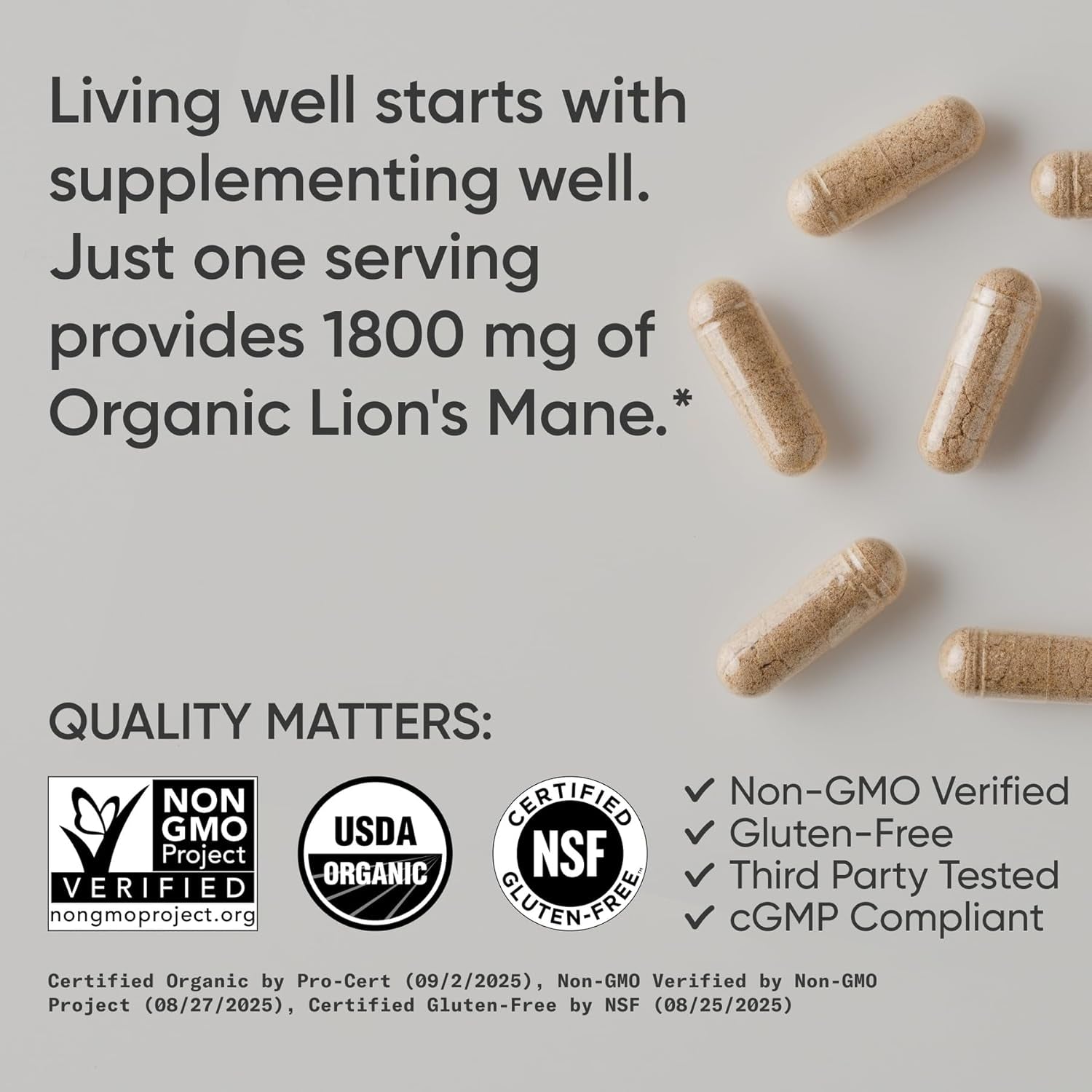 Sports Research® Organic Lion'S Mane Mushroom Supplement 1800Mg - Brain Health, Focus & Cognitive Supports - USDA Certified Organic · Non-Gmo · Vegan - 90 Count Capsules