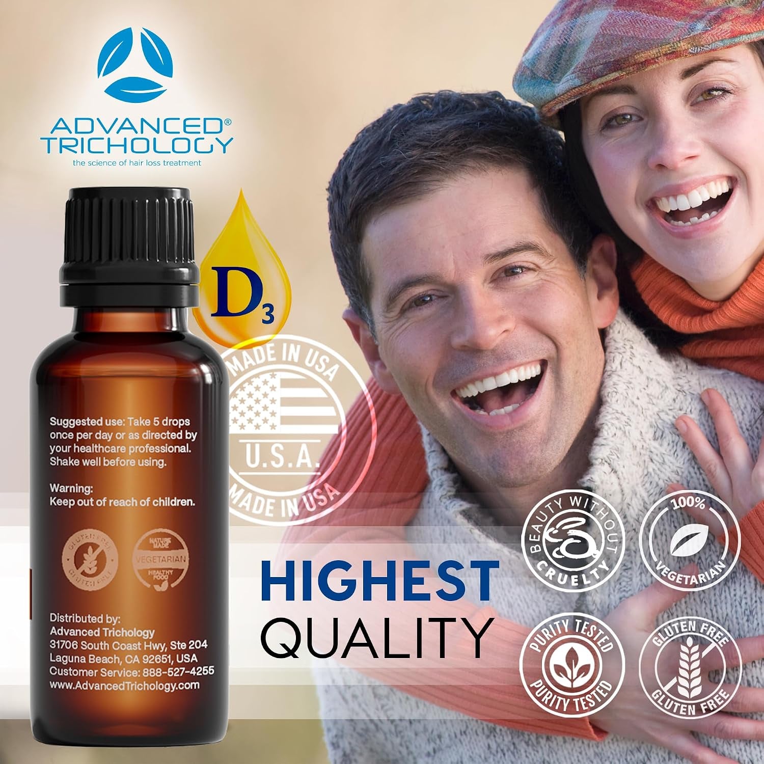 Advanced Trichology Vegetarian Liquid Vitamin D3 + K2 – 5000 IU High Absorption – 1000 IU per Drop – 6 Month Supply – Gluten Free 365 Vitamin D3 + K2 – 1 Fluid Ounce (Pack of 1)